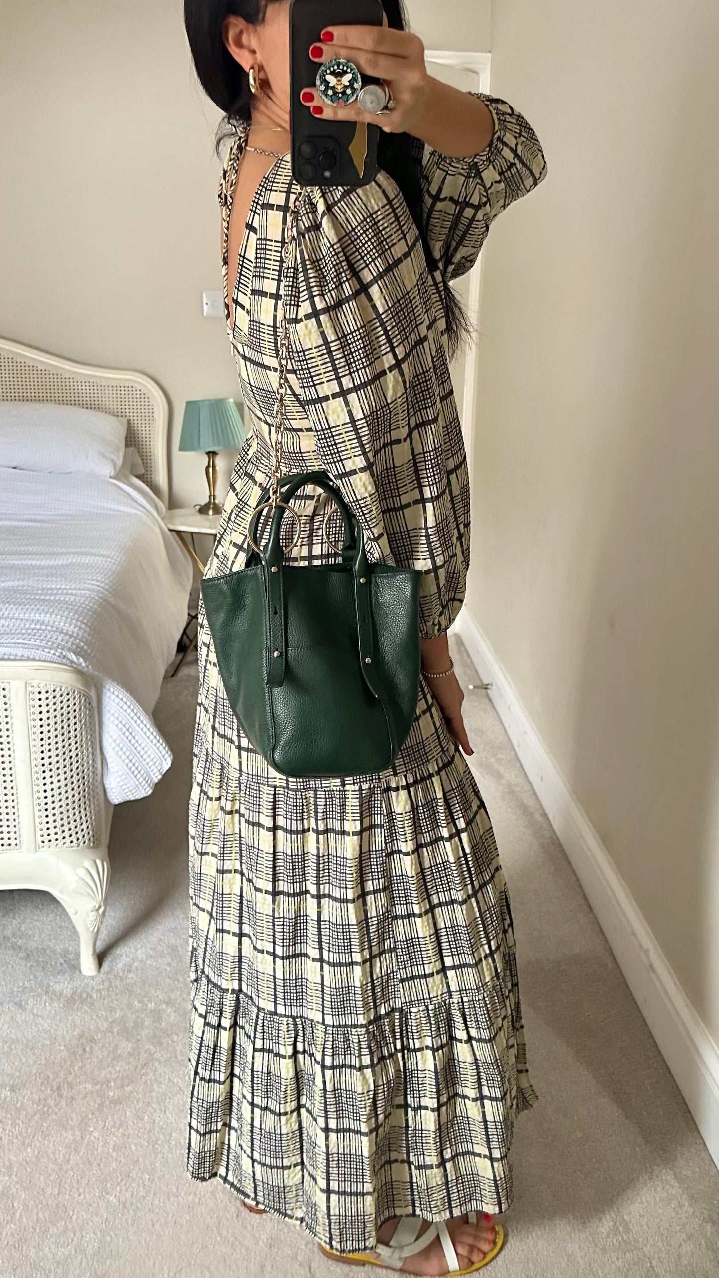 Topshop black beige green gingham maxi midaxi side split casual boho dress small UK 8 vgc