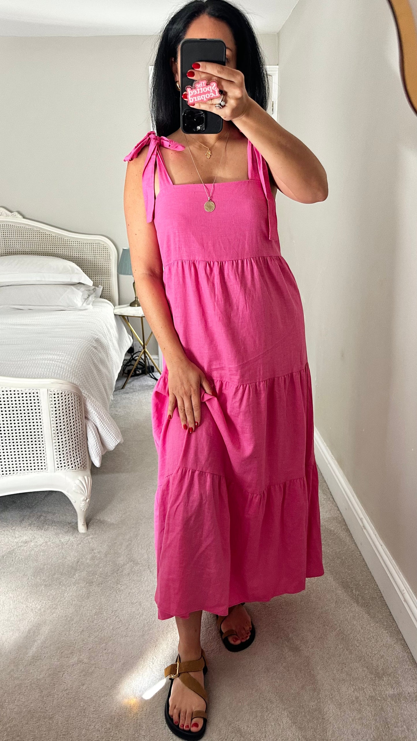 Feather & Bone @ Anthropologie fuschia pink tiered linen blend maxi long holiday dress medium large UK 12 14 vgc