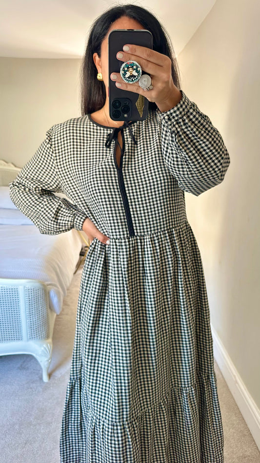 Albaray black white check gingham long tiered maxi dress extra large cotton UK 14 vgc