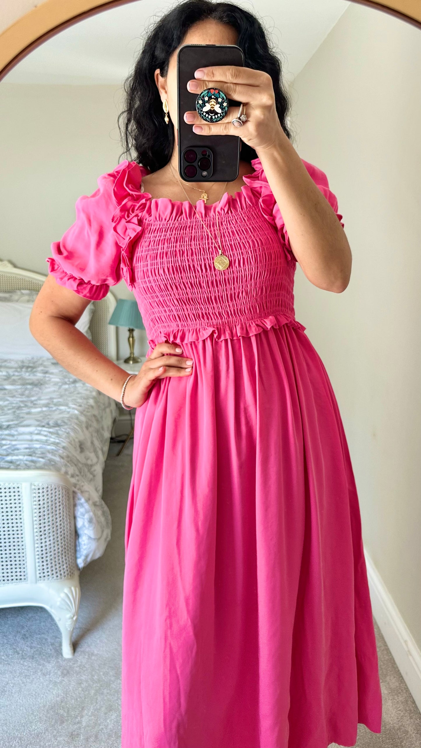 YAS fuschia pink rusched midi dress long wedding guest large UK 12-14 vgc
