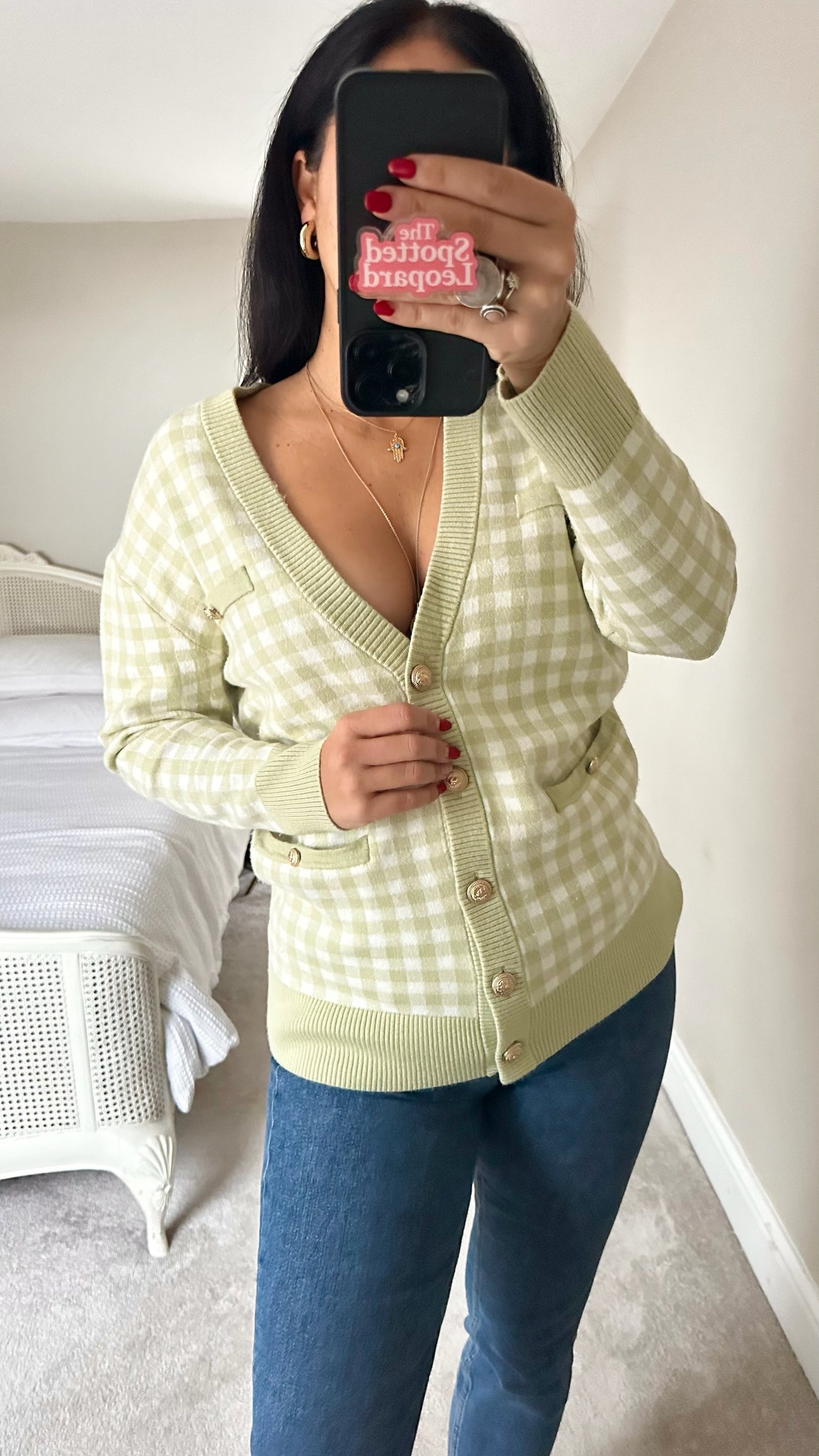 Joy sage green cream gingham check knitted cardigan large UK 12 vgc XMS25