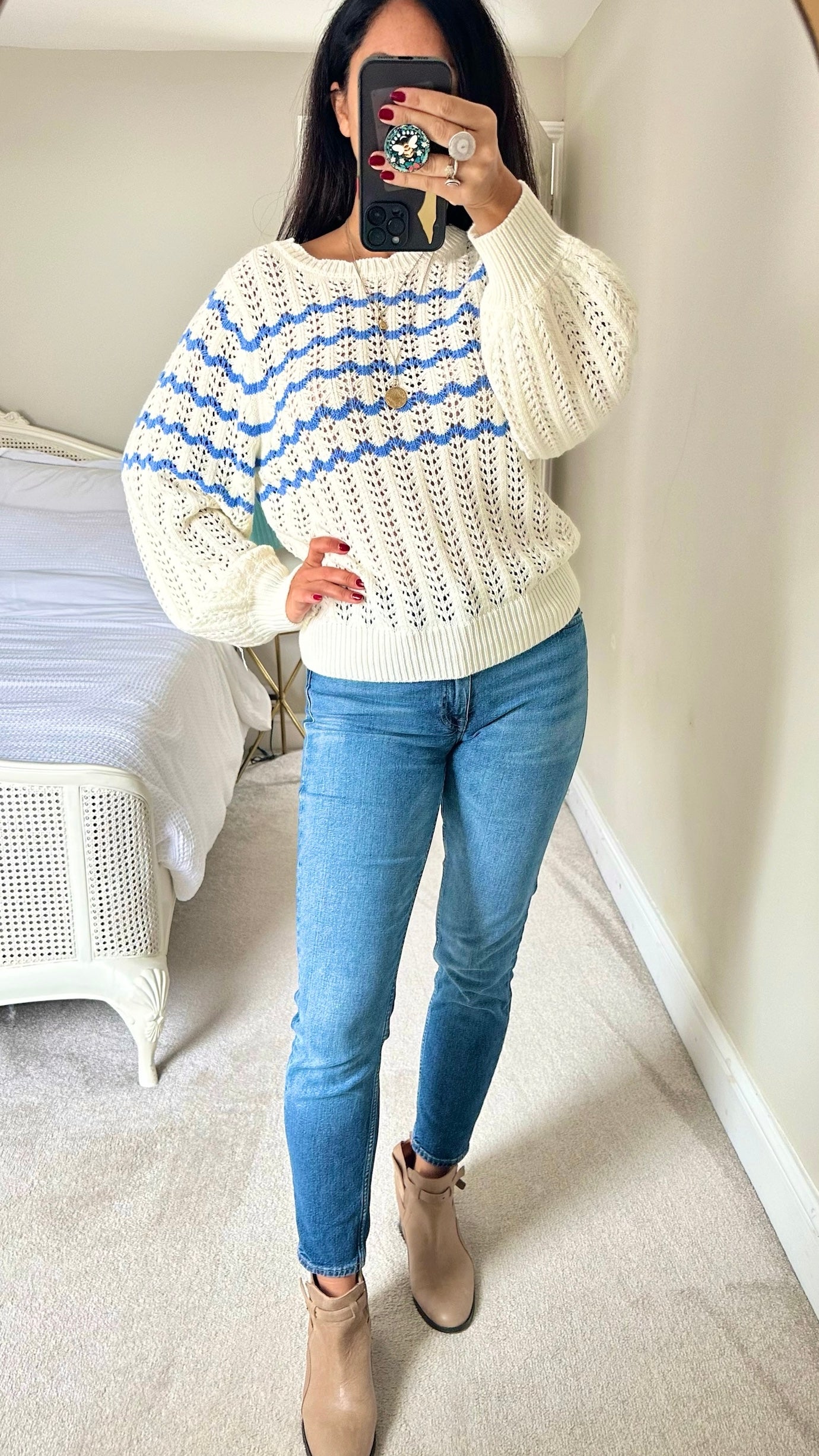 Crew clothing company blue and white crotchet knit jumper large L UK 12 14 NWT