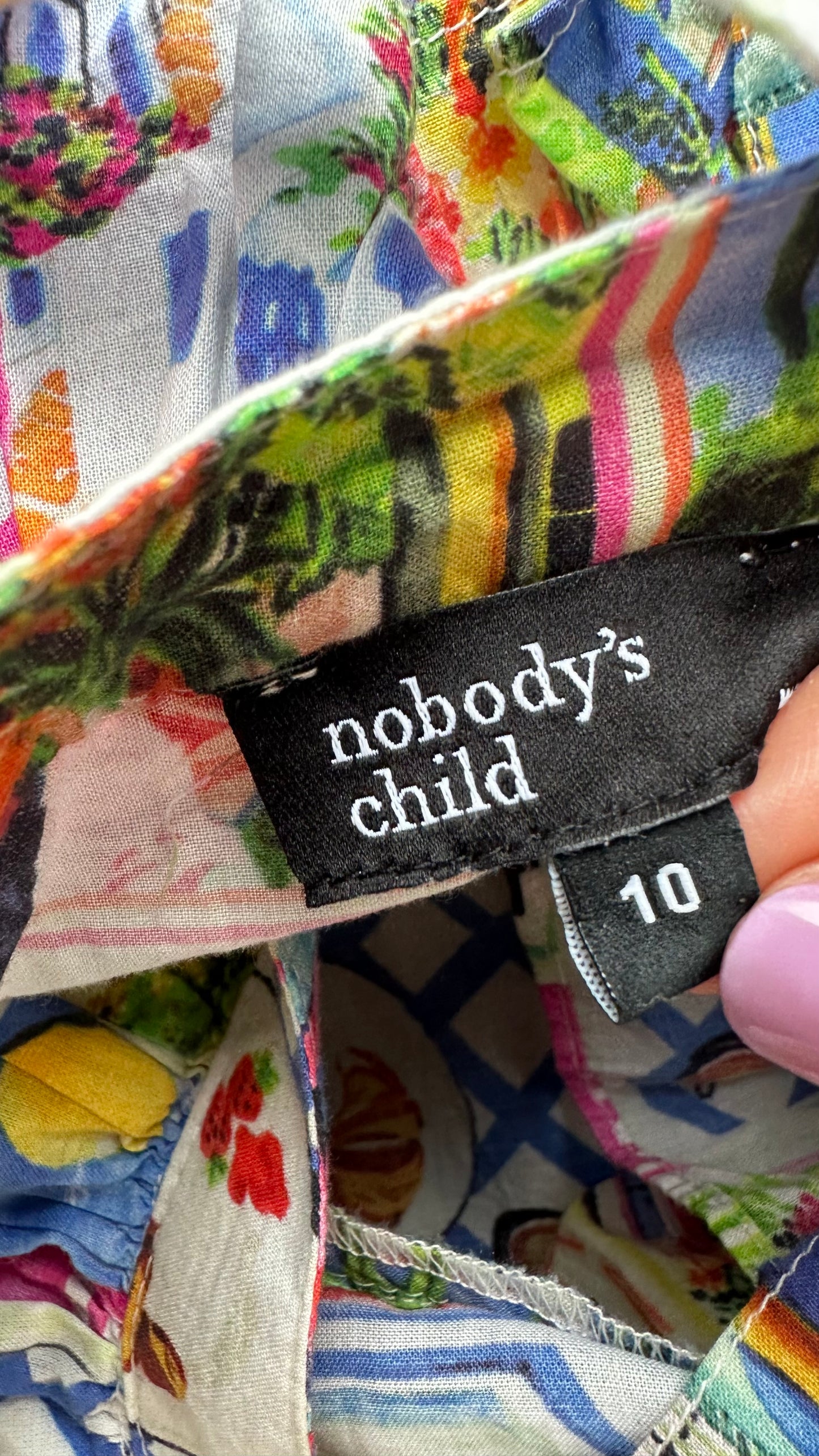 Nobody’s Child multicoloured Thailand Marrakesh stamps dress small UK 10 vgc midi holiday