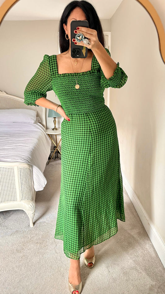 Whistles black green gingham shirred bust midi dress small UK 8 vgc