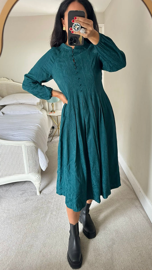 Oliver bonas teal green blue button up midi dress small UK 8-10 vgc w25