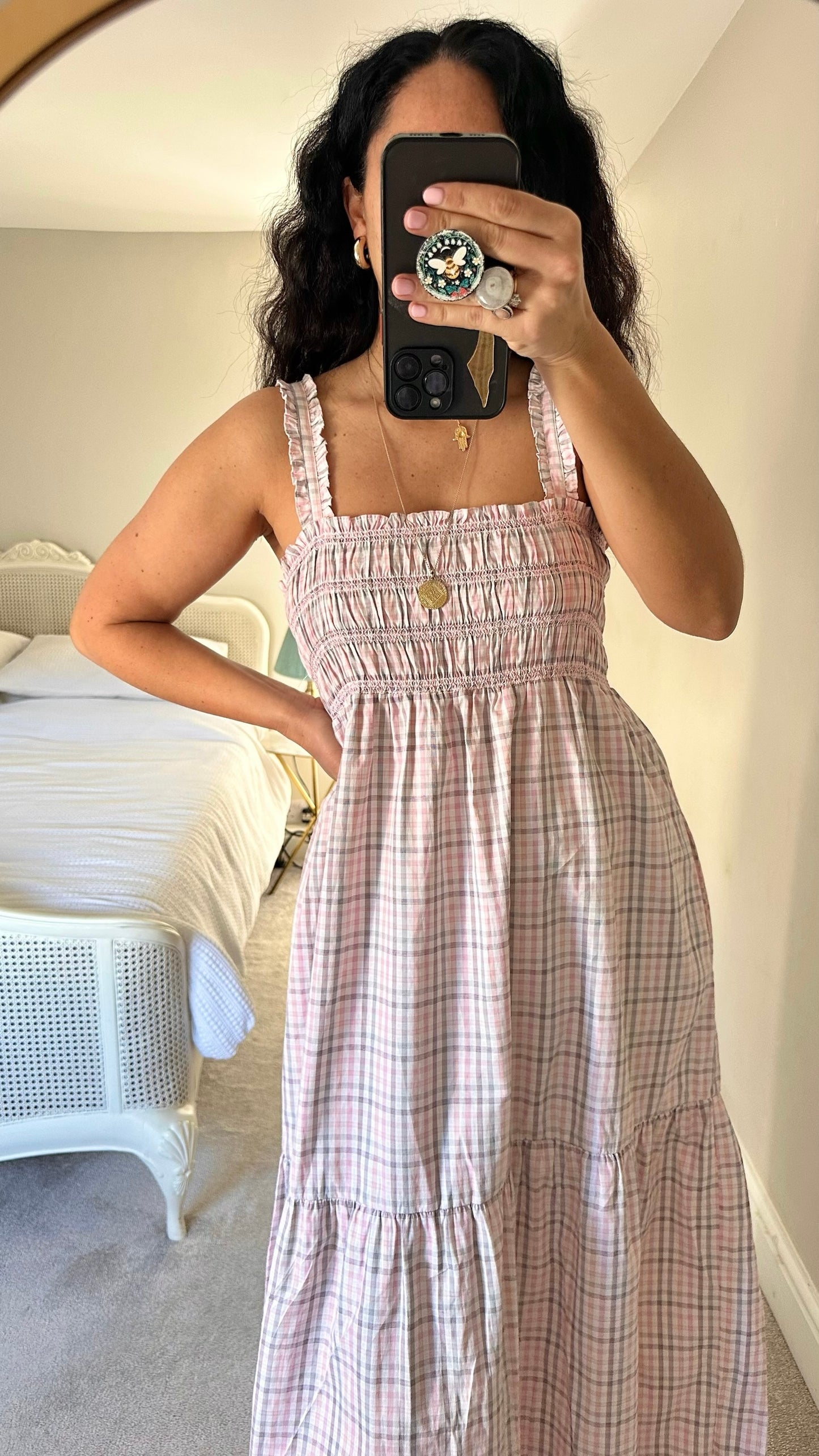 French connection pink beige gingham tiered hem maxi dress medium large L UK 10-12