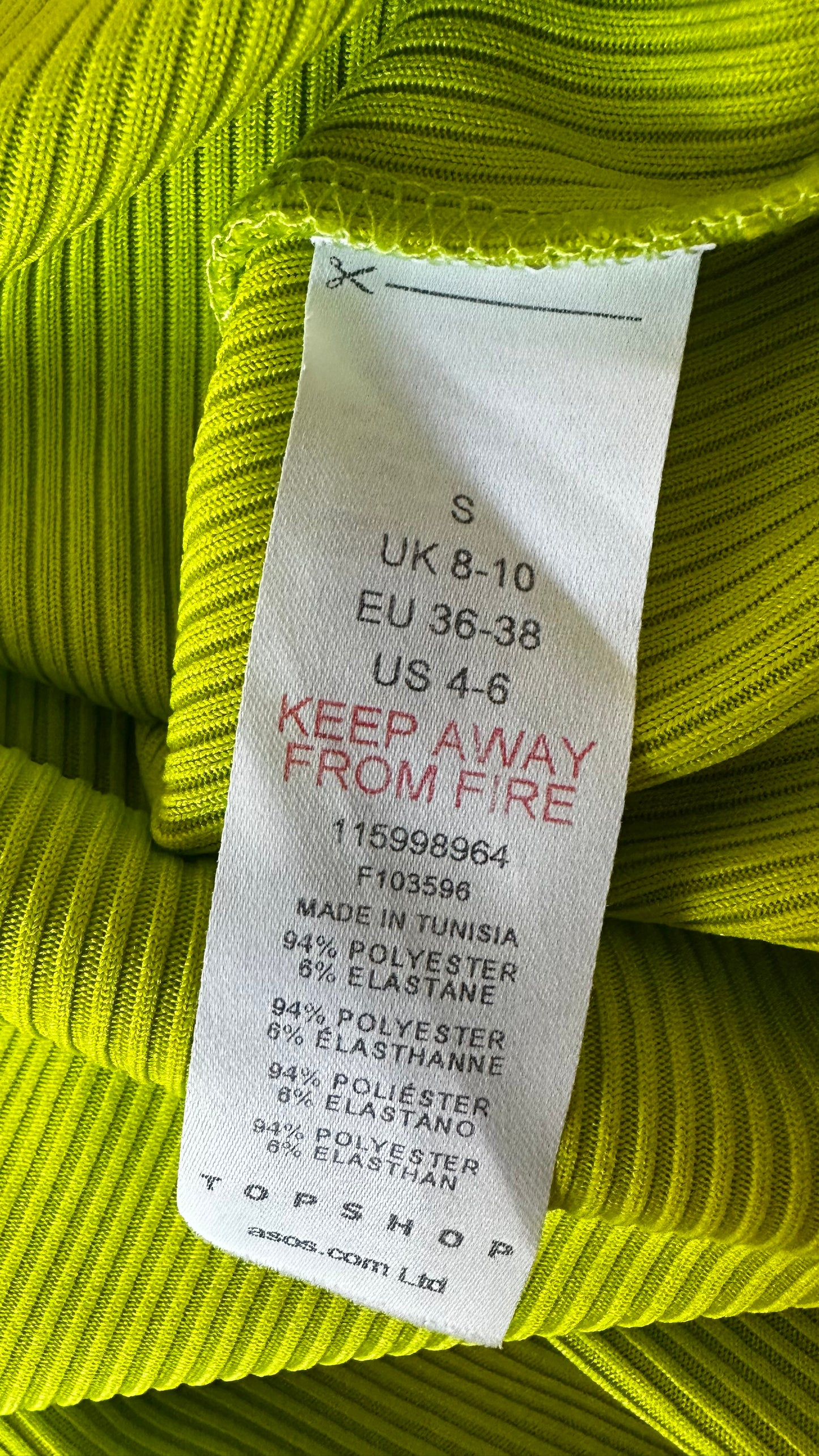 Topshop lime green acid ribbed midi long asymmetric dress small UK 10 vgc