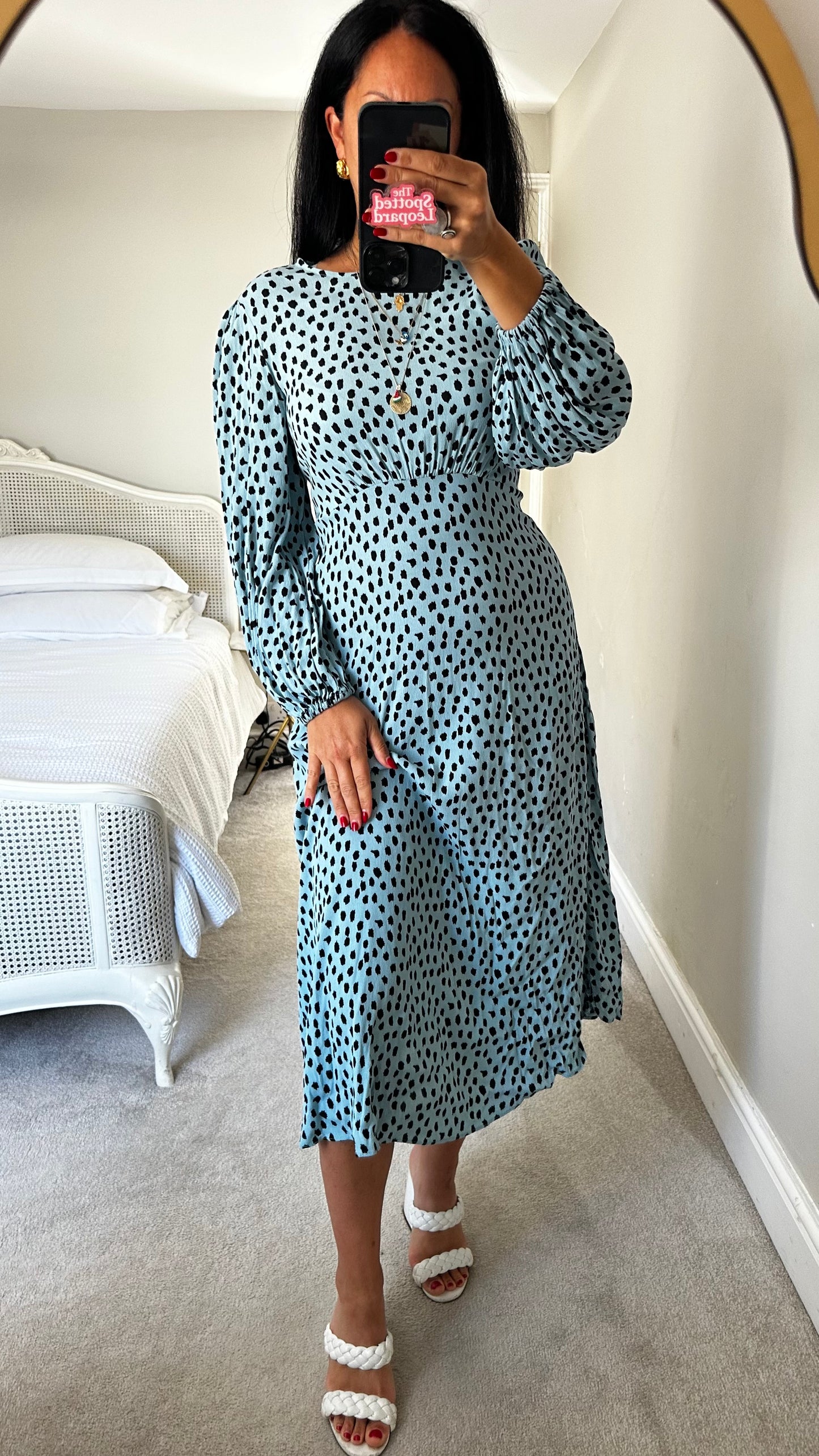 Feather & Bone @ Anthropologie light blue polka dot midi long event dress medium UK 12 vgc