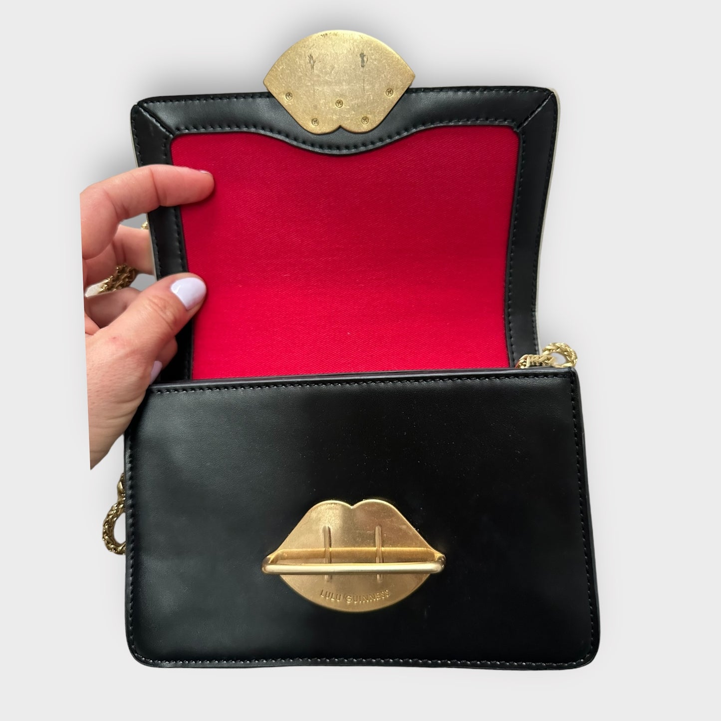 LULU Guinness black white leather gold chain small handbag vgc