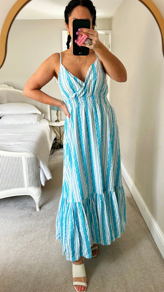 YAS turquoise blue white stripe floral holiday sun dress midi large UK 14-16 vgc