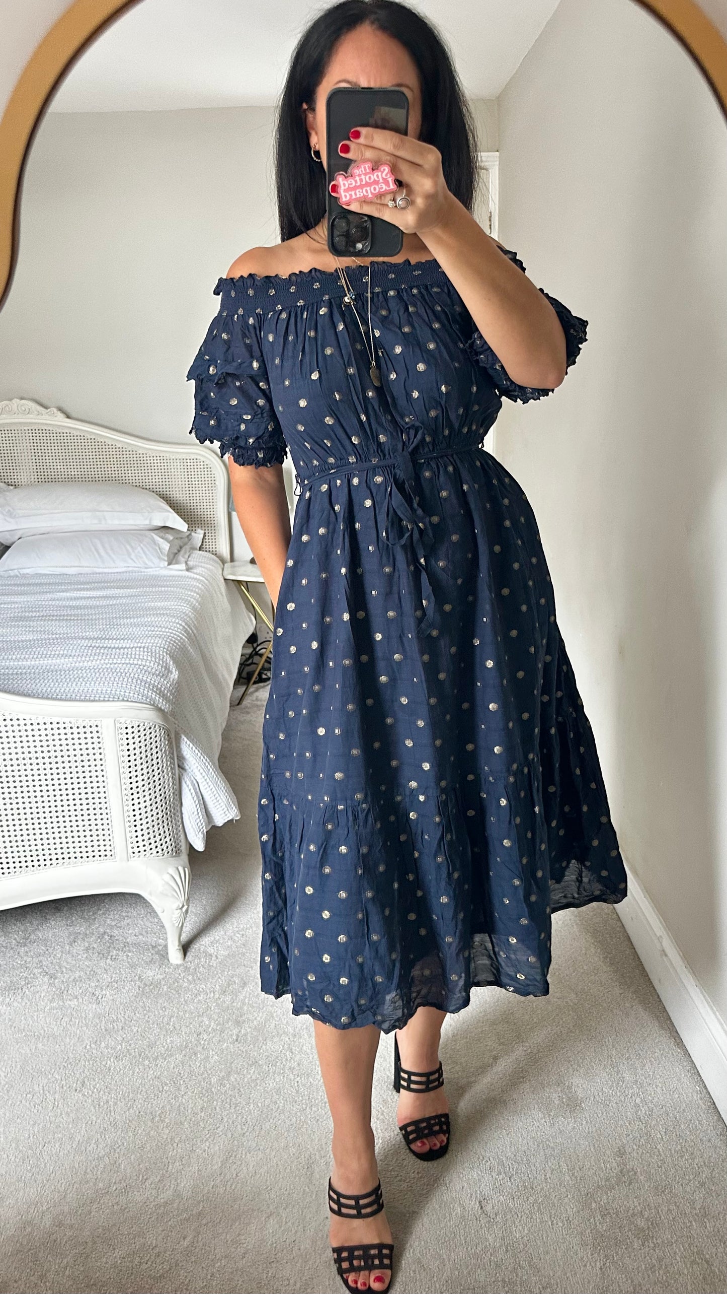 Oliver Bonas navy blue gold printed cotton event dress small UK 8 vgc