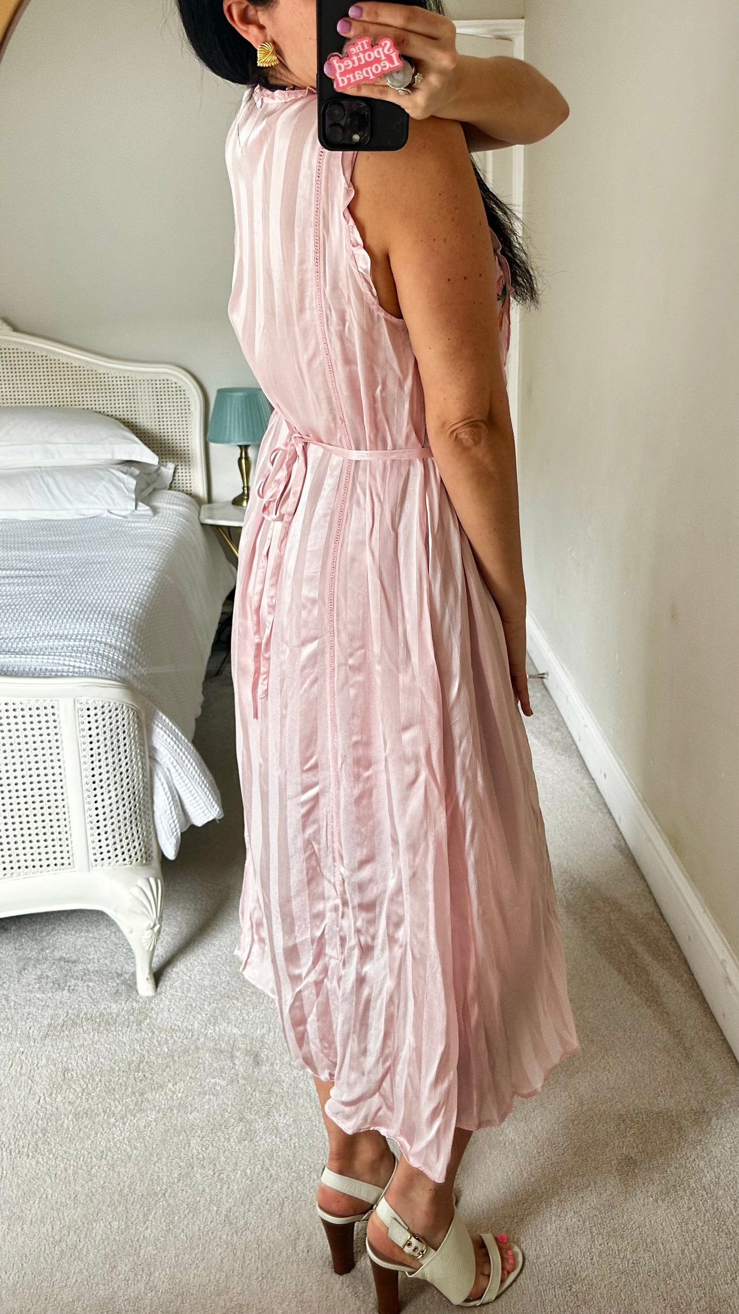 French Connection rose pink stripe embroidered event midi long dress medium UK 14 vgc