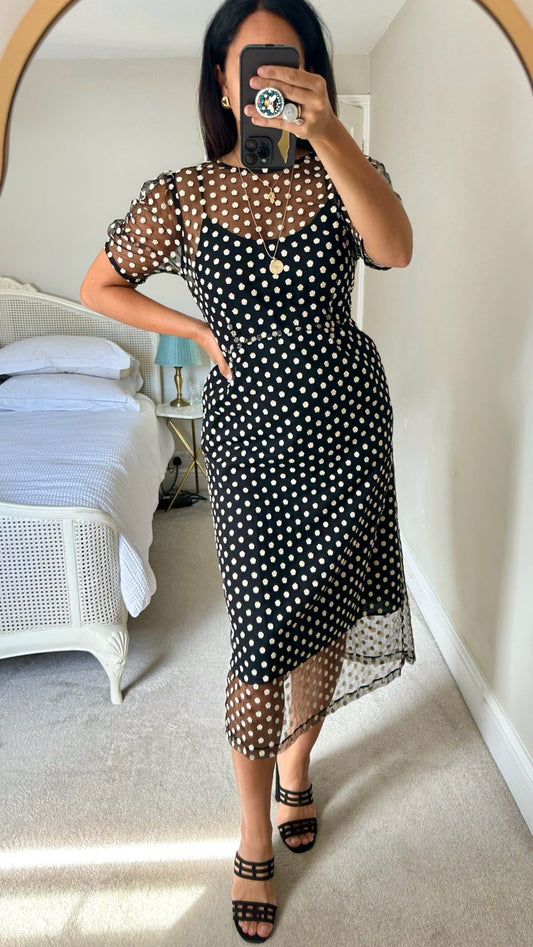 Oliver bonas black cream daisy mesh event dress small UK 10