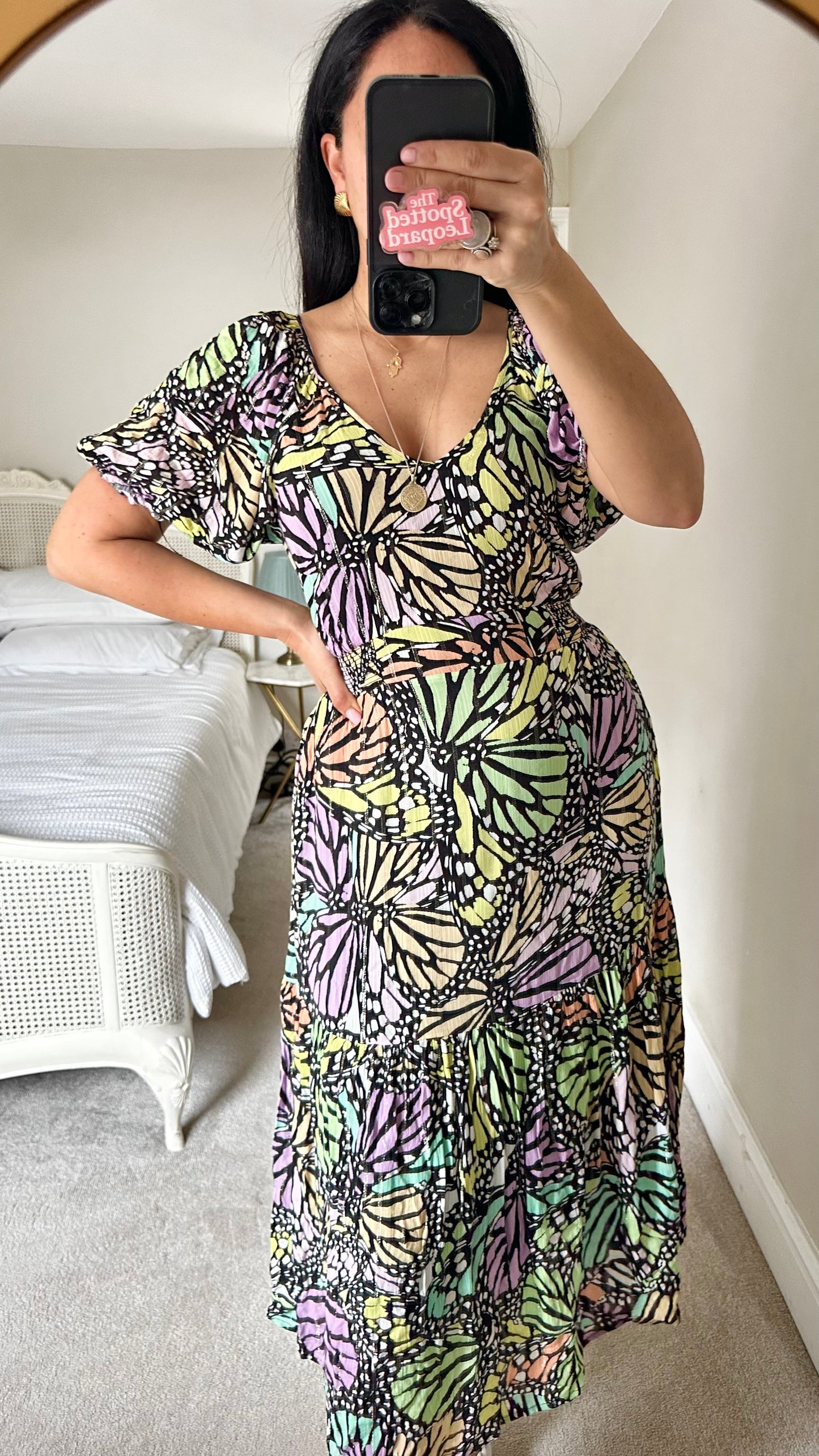 Oliver Bonas black lilac butterfly dress midi long small UK 8-10 vgc