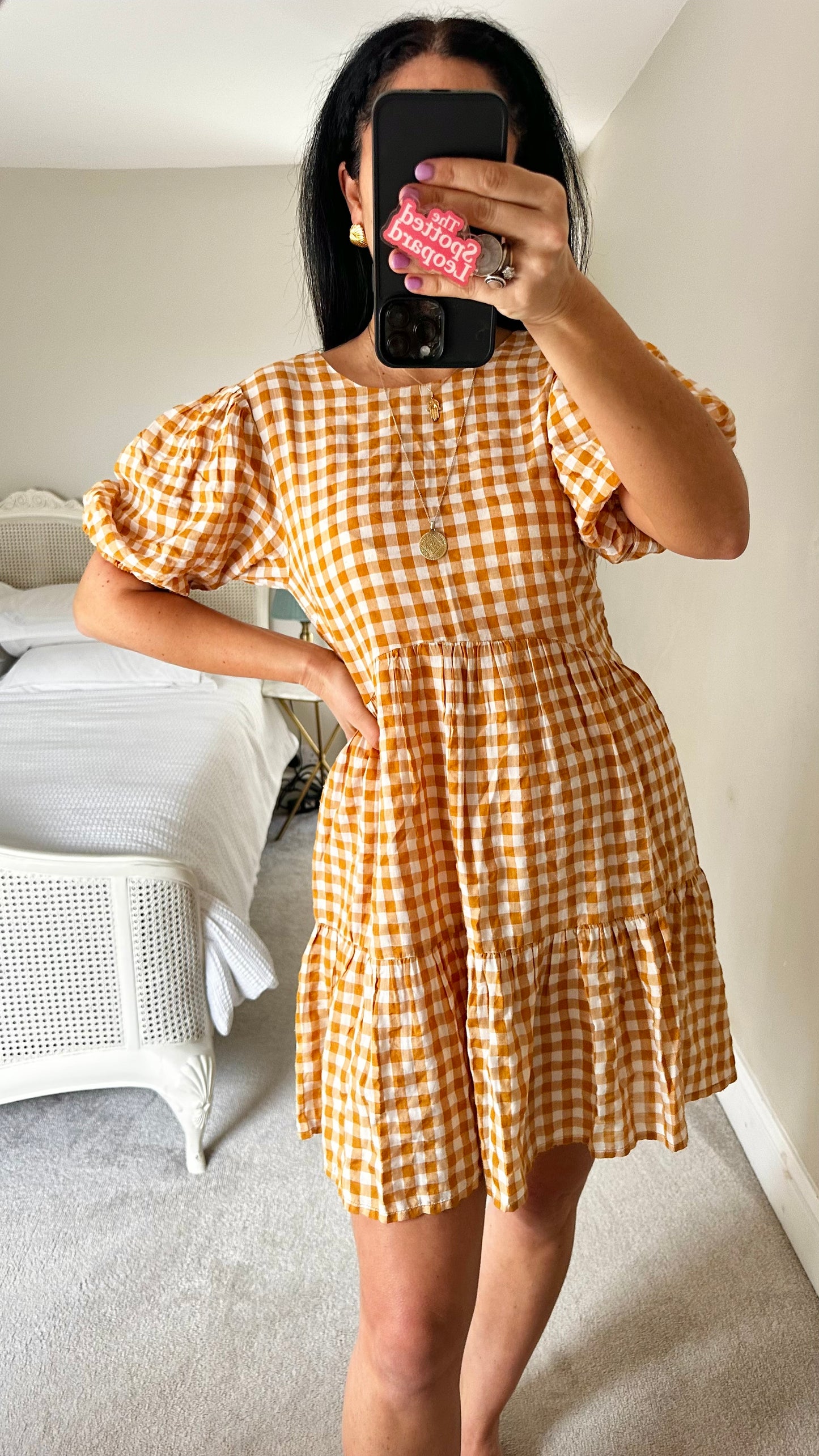 Warehouse ochre white gingham check mini sun dress small UK 8 holiday vgc