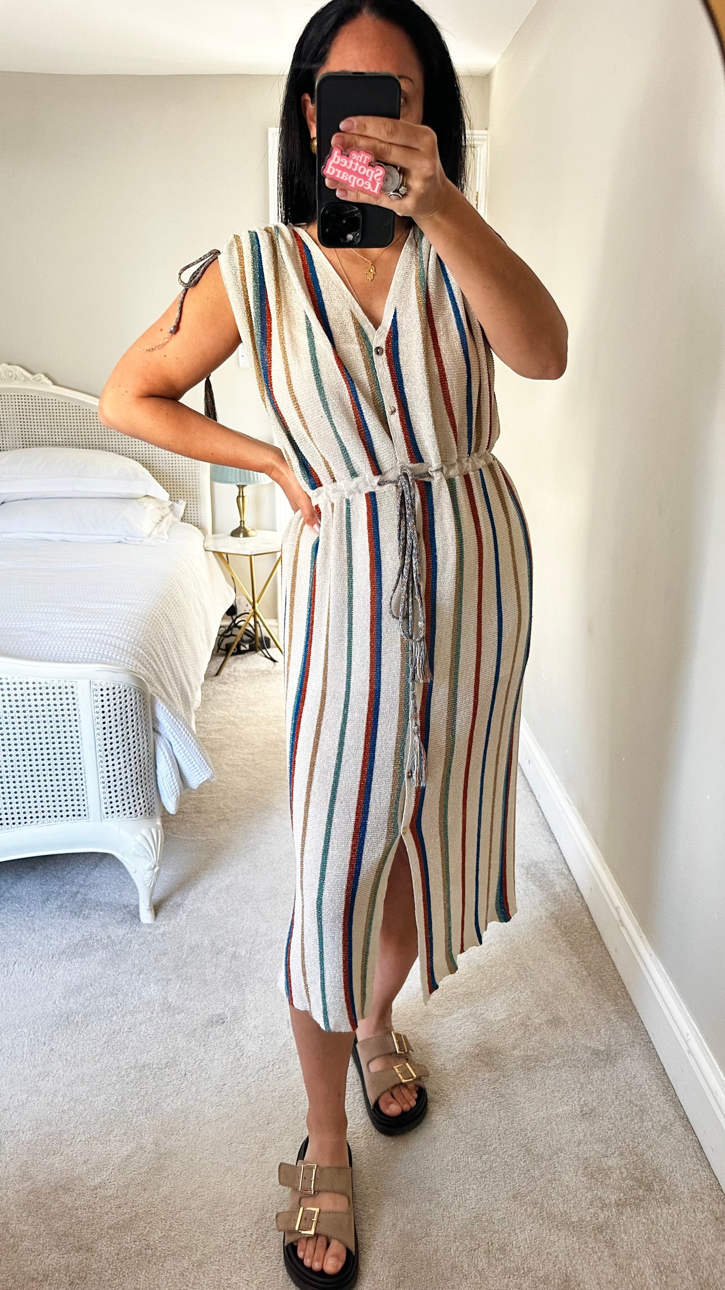 Zara cream metallic stripe midi boho button up dress small UK 10 vgc