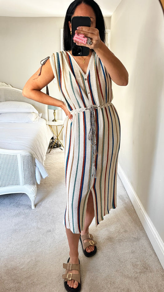 Zara cream metallic stripe midi boho button up dress small UK 10 vgc