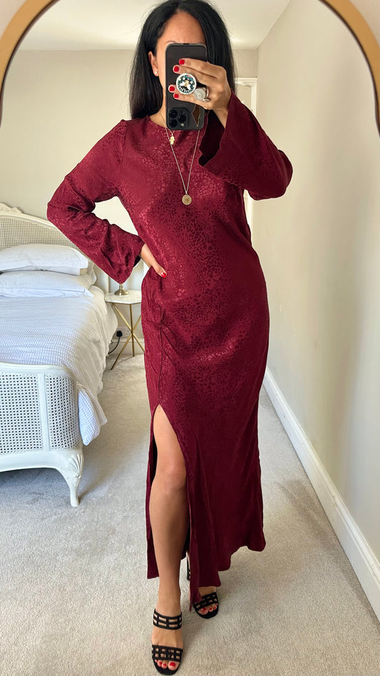 Nobody’s Child burgundy red maxi side split midi long dress event large UK 12 vgc w25