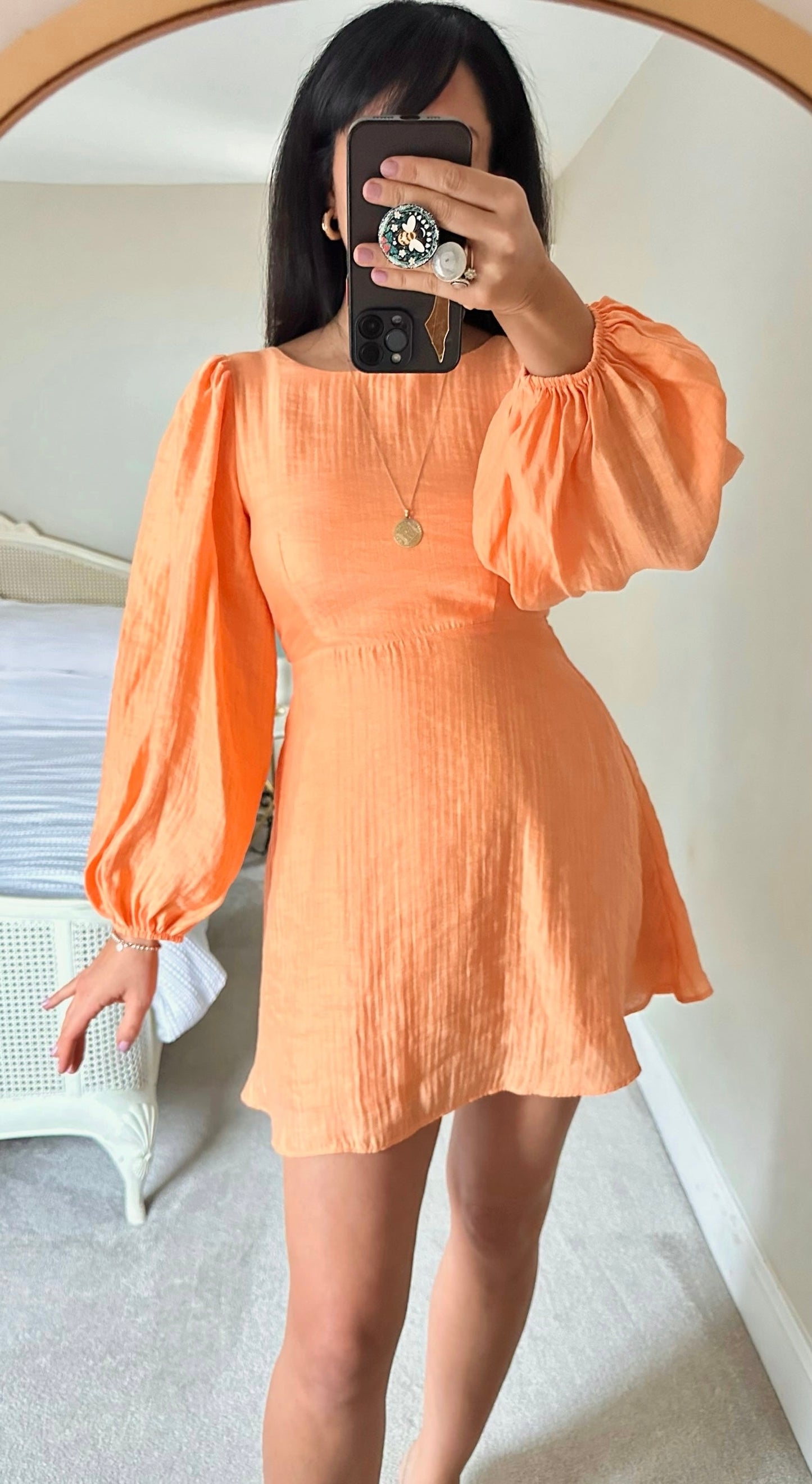 Nobody’s child light pastel orange tie backless mini dress event/wedding dress medium UK 12