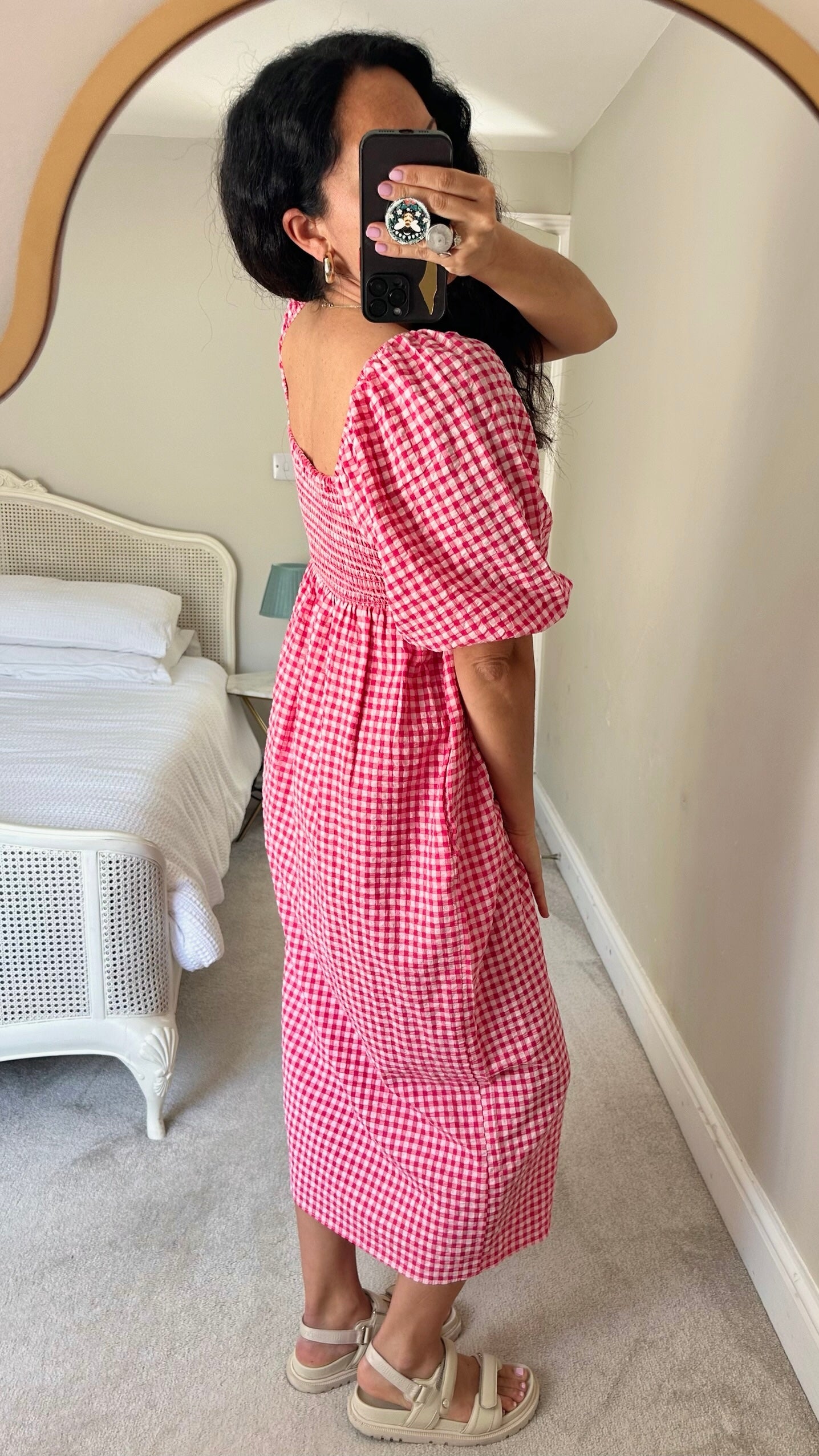 Nobody’s child pink gingham puff-sleeved midi long dress medium UK 10-12