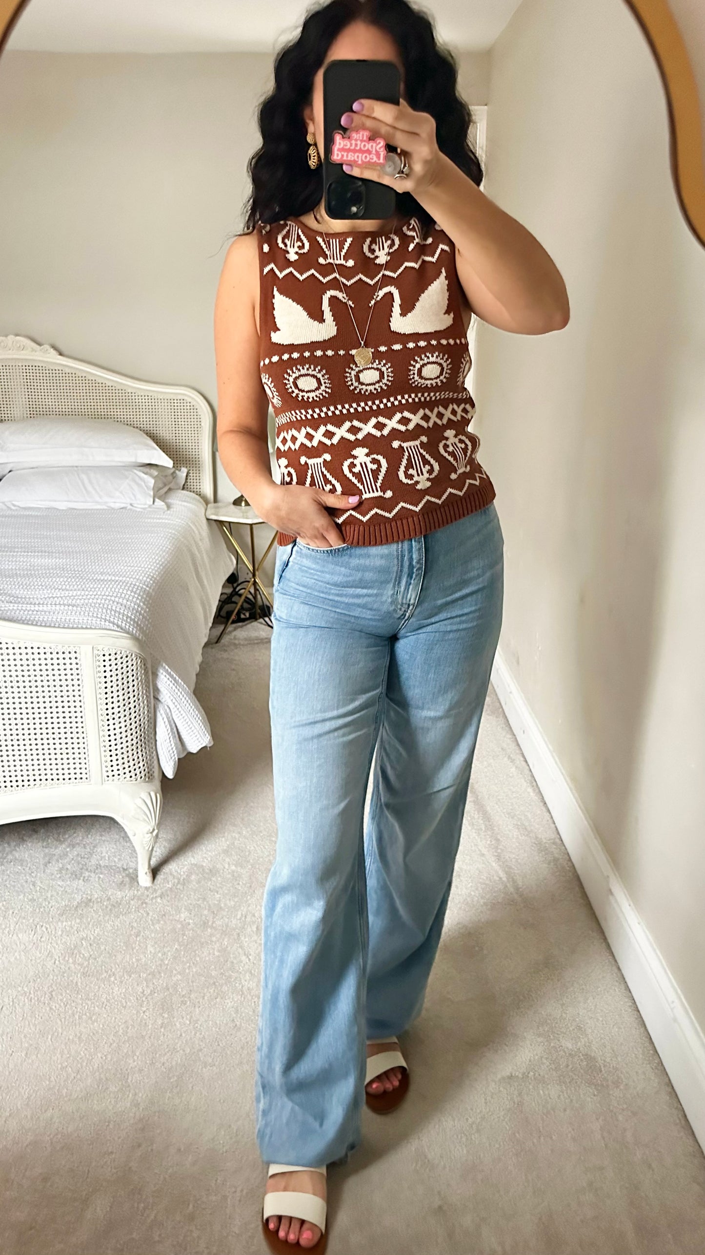 Kitri brown white swan bird print knitted tank top small UK 8-10 new bnwt