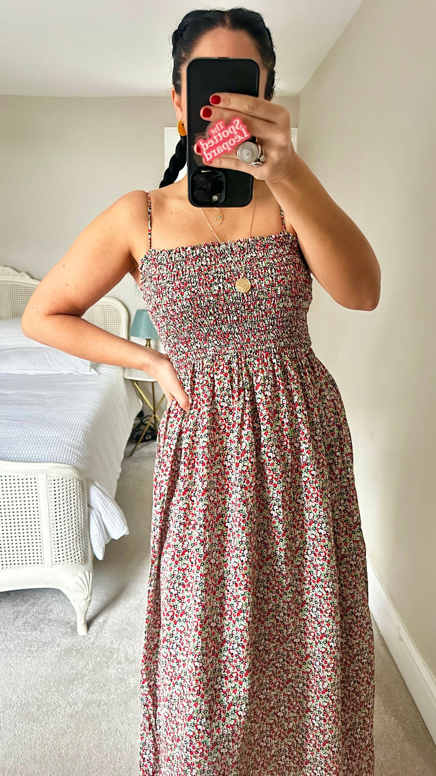 & other stories red green floral holiday midi maxi dress small UK 8 10 12 vgc