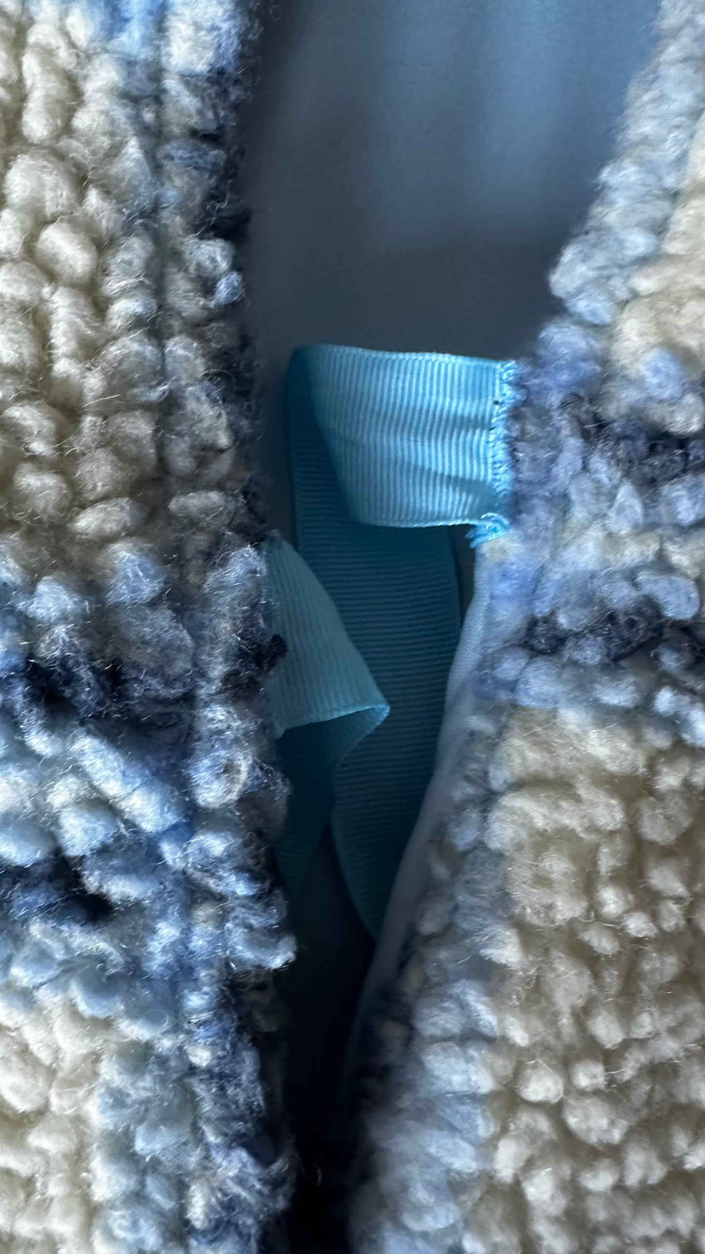 Damson Madder light blue cream gingham check tartan bow front coat fleece jacket medium UK 12 kitsch vgc