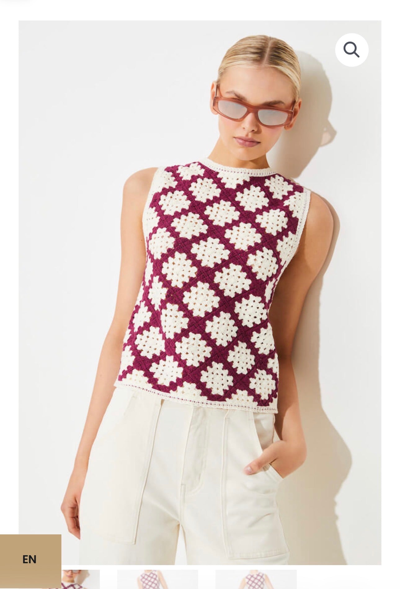Suncoo burgundy cream check gingham crochet knitted tank top UK 10 new bnwt