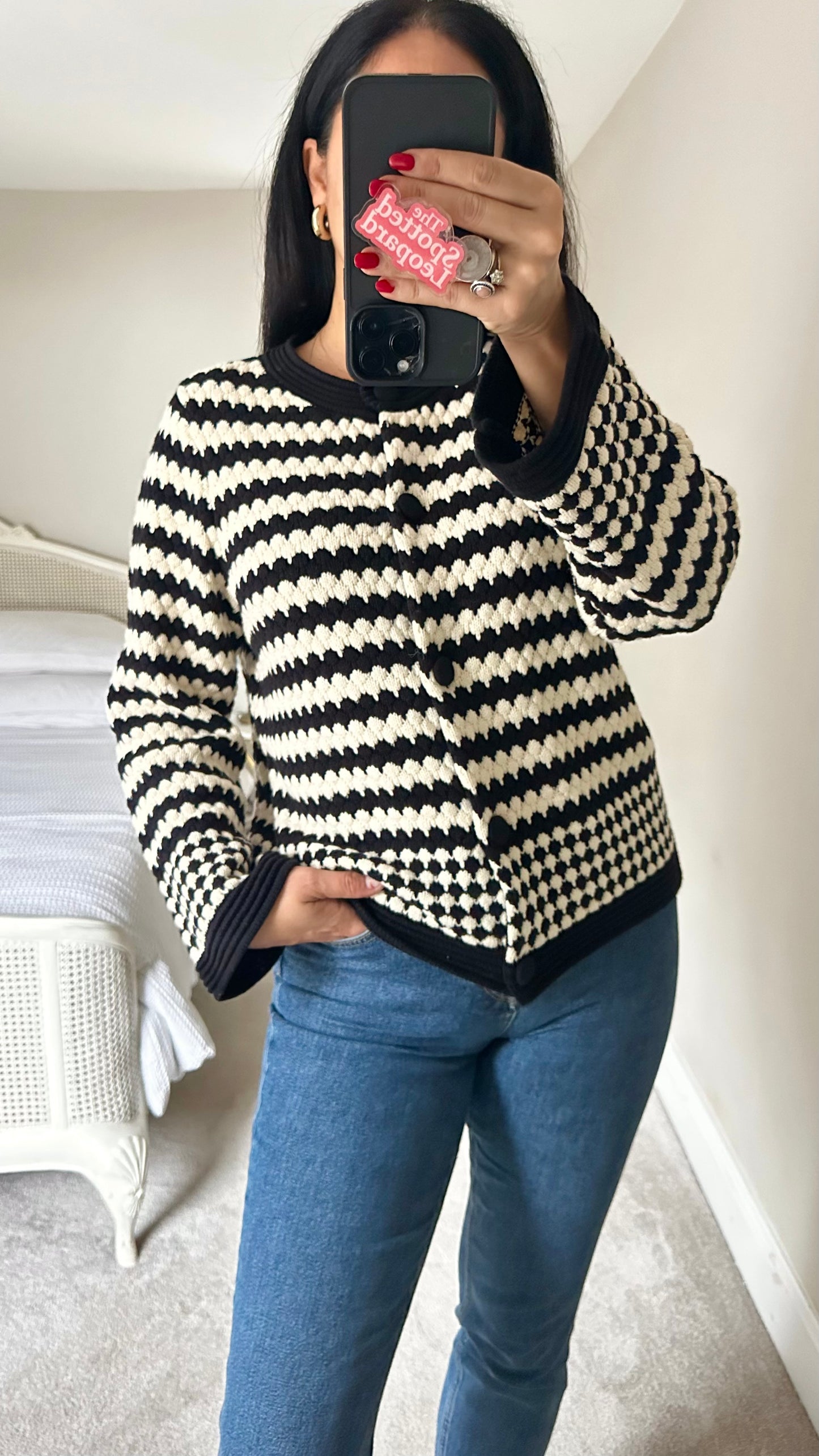 YAS black cream stripe bubble knitted cardigan jumper large UK 12 vgc