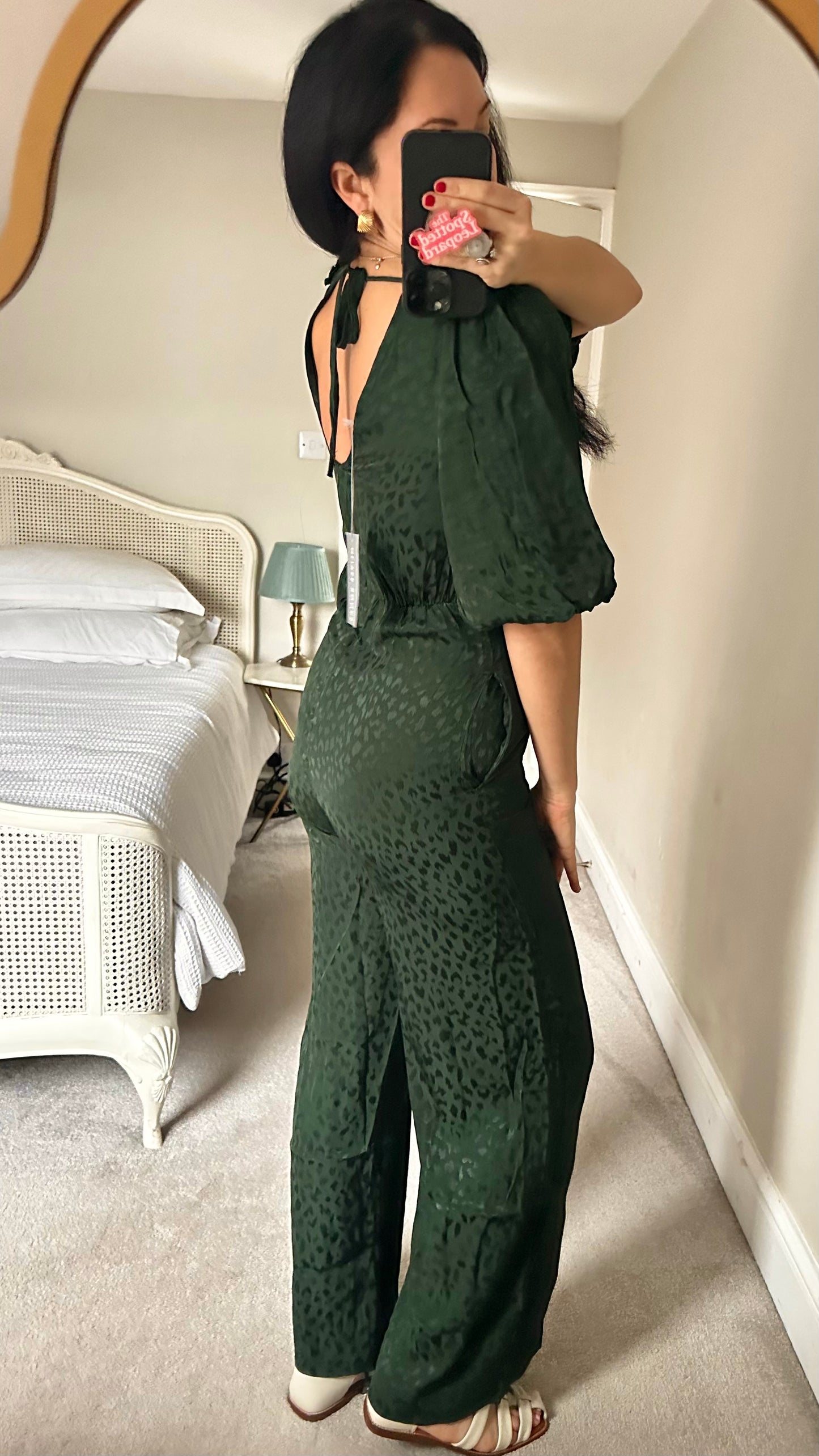 Oliver Bonas dark green animal leopard print jumpsuit trousersuit event small medium UK 8 12