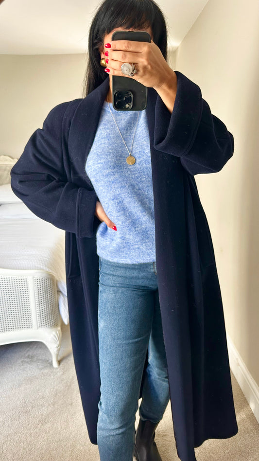 Richard vintage navy blue cashmere wool blend longline maxi coat extra large XL UK 14 excellent used condition