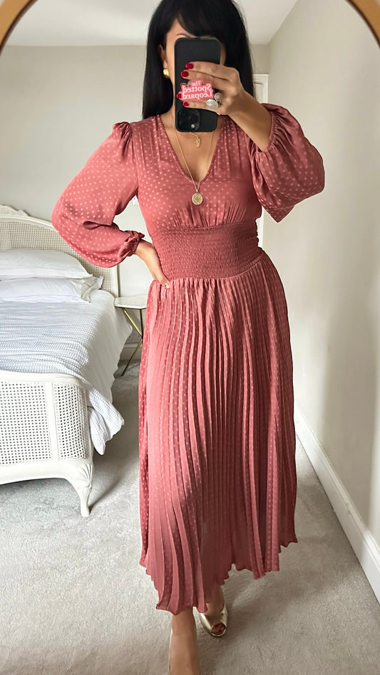 Traffic People dusky pink long pleated midi event dress small UK 8-10 vgc