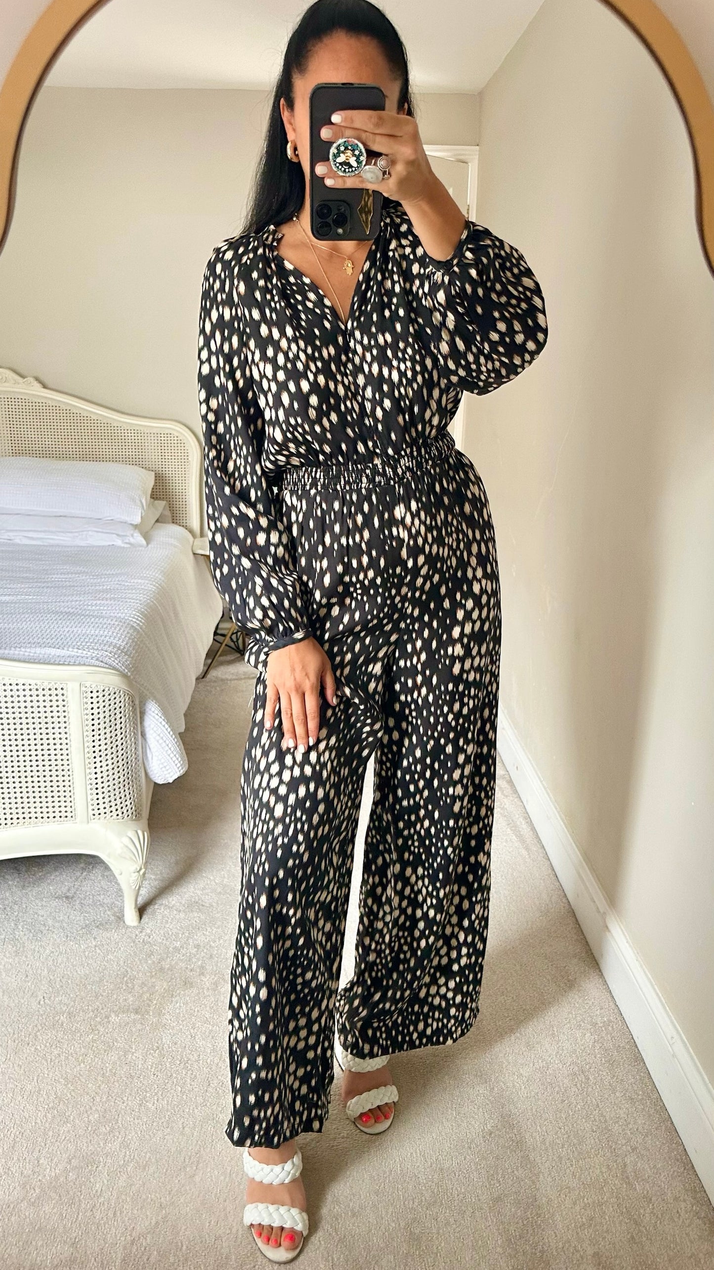 HUSH black cream animal print stretch waist event jumpsuit UK 10 vgc