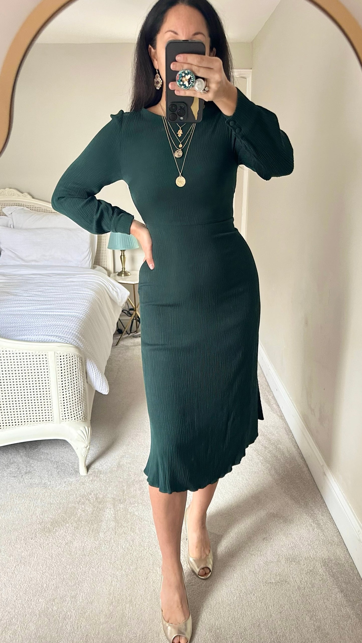 Zara forest green long sleeve midi dress extra small XS UK 6 vgc