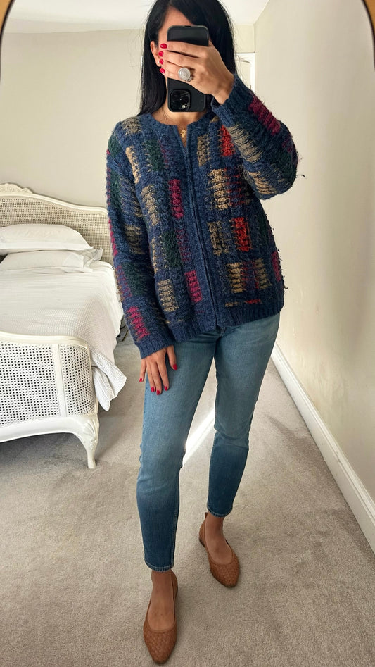 Vintage mohair blend navy patterned knitted cardigan large UK 10-12 vgc