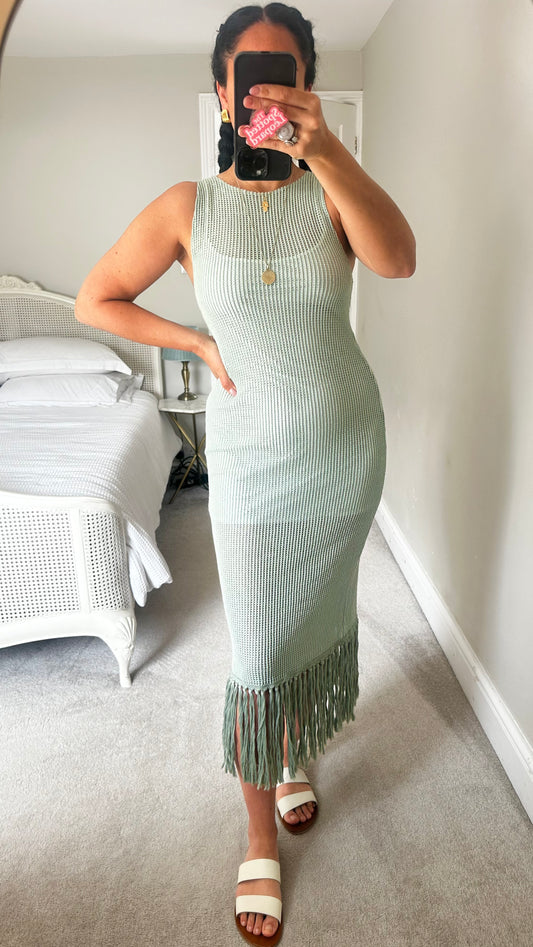 Zara light green mesh net midi tassel dress small UK 8-10 vgc boho