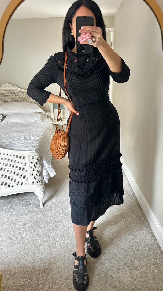 & other stories black cotton blend boho embroidered midi long dress midi small UK 10-12 vgc