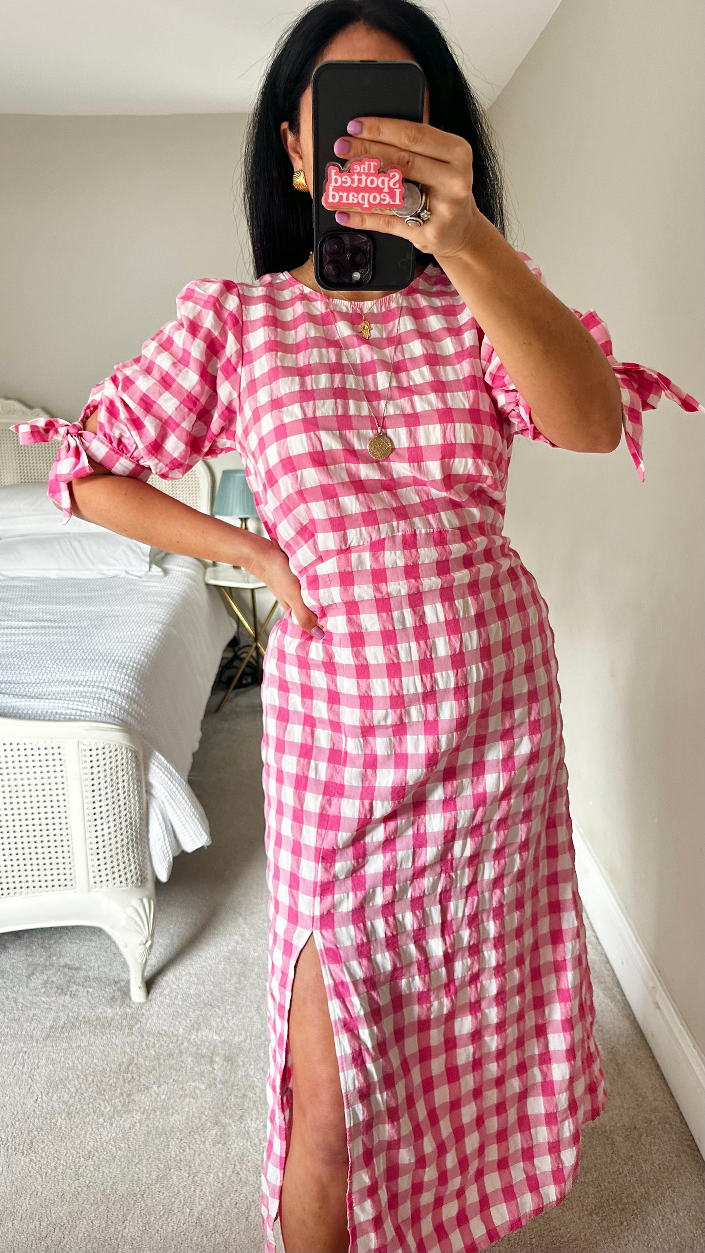 Nobodys Child pink rose white gingham check midi long dress small medium UK 10 14 vgc