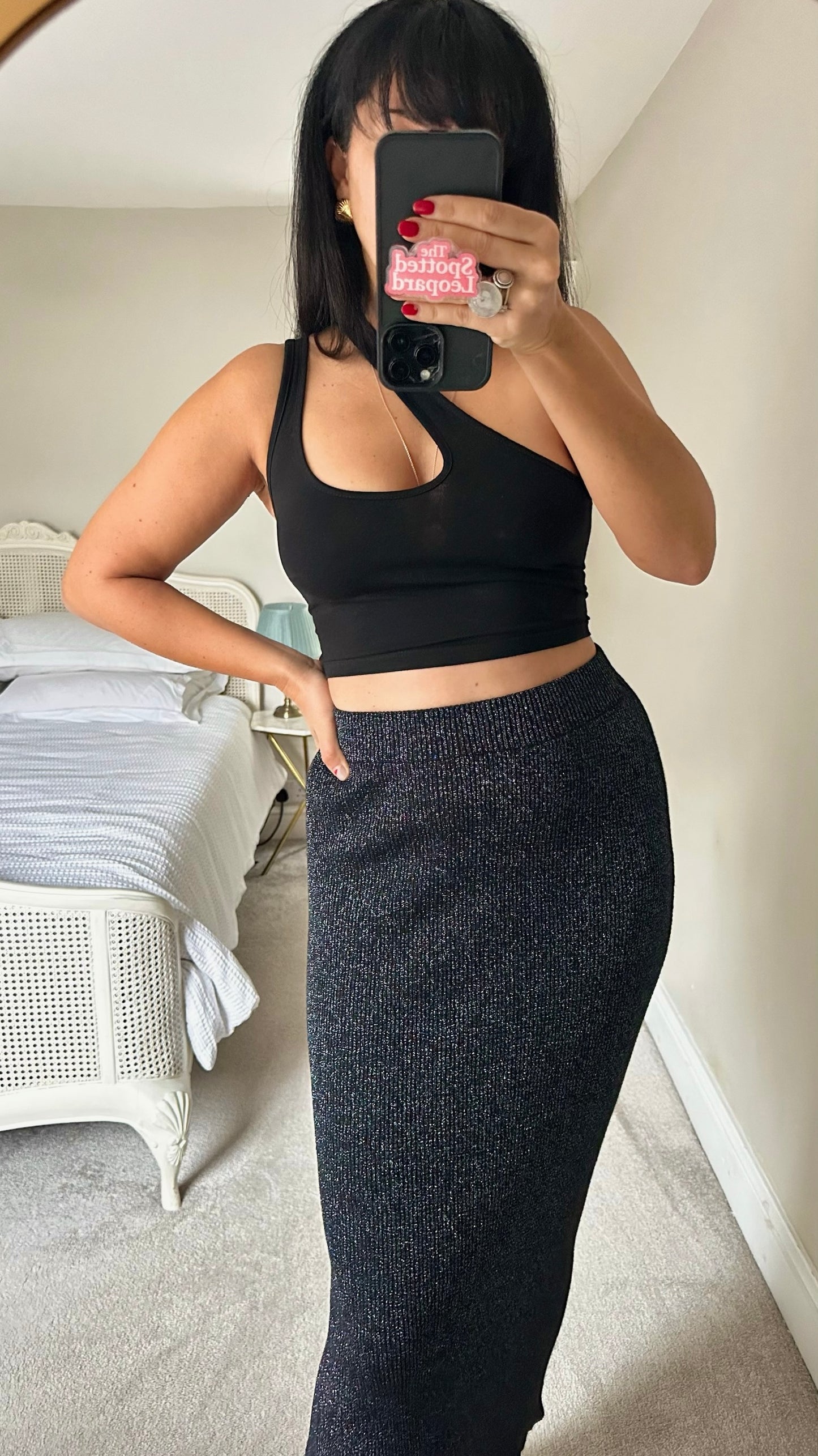 Hush black shimmer side split midi skirt large L UK 12 XMS25