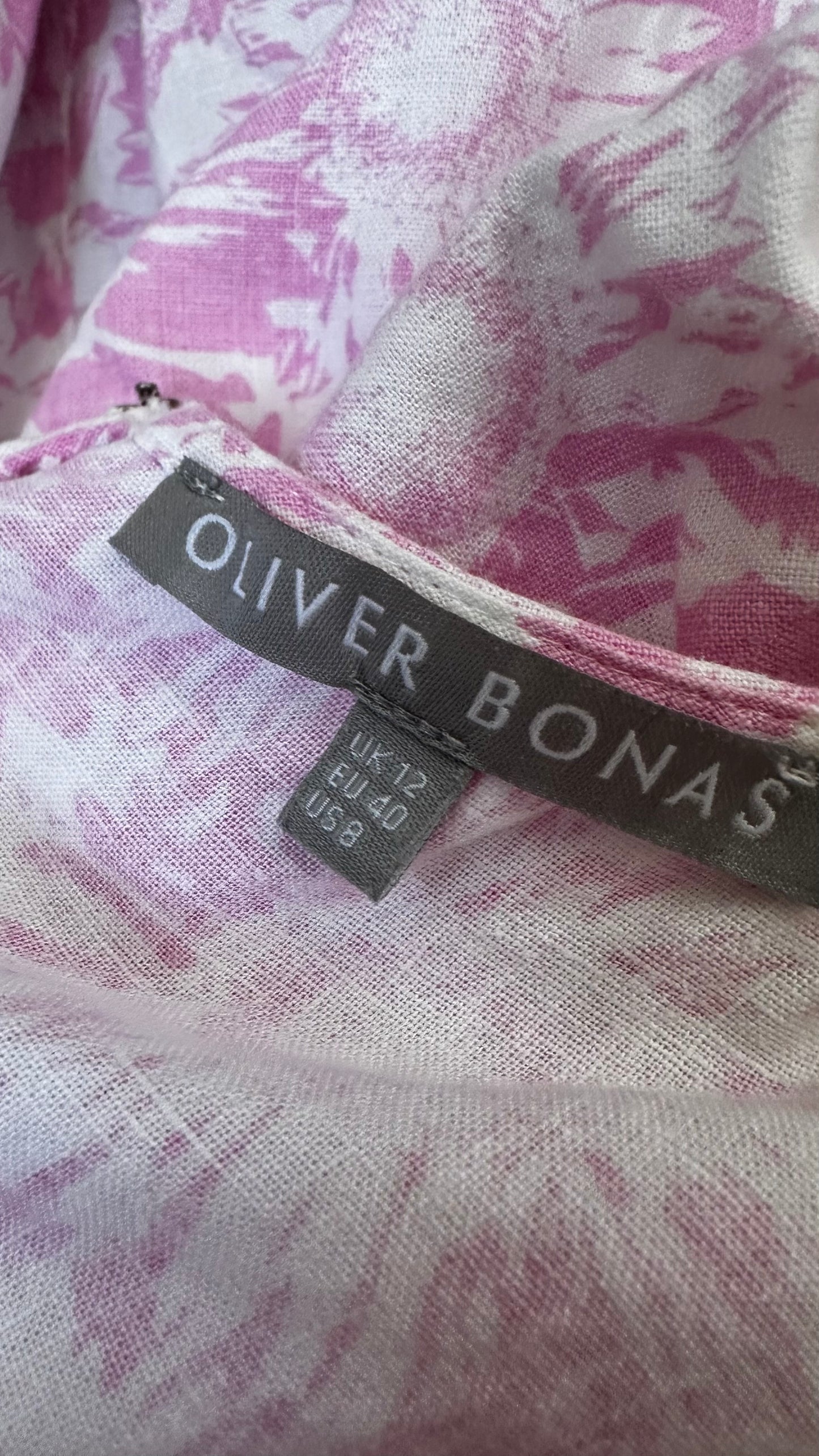 Oliver Bonas rose light pink white floral linen blend button up midi long dress medium UK 12 vgc