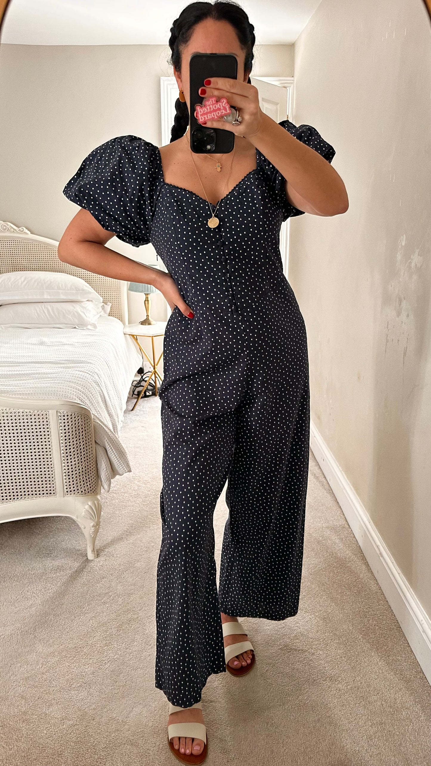 Nobody’s Child navy blue cream polka dot linen blend jumpsuit trousersuit medium UK 12 vgc