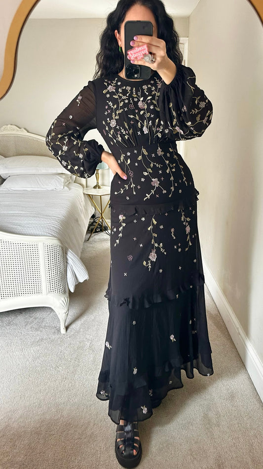 ASOS black embroidered sequin maxi event gala dress small UK 10 vgc
