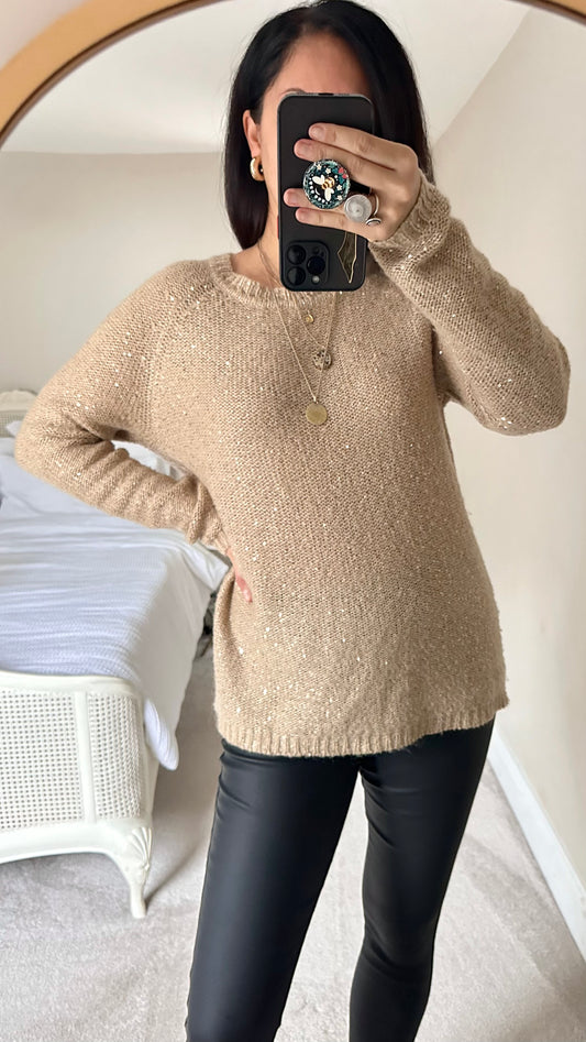 Mango beige gold sequin knitted jumper extra large UK 12-14 vgc