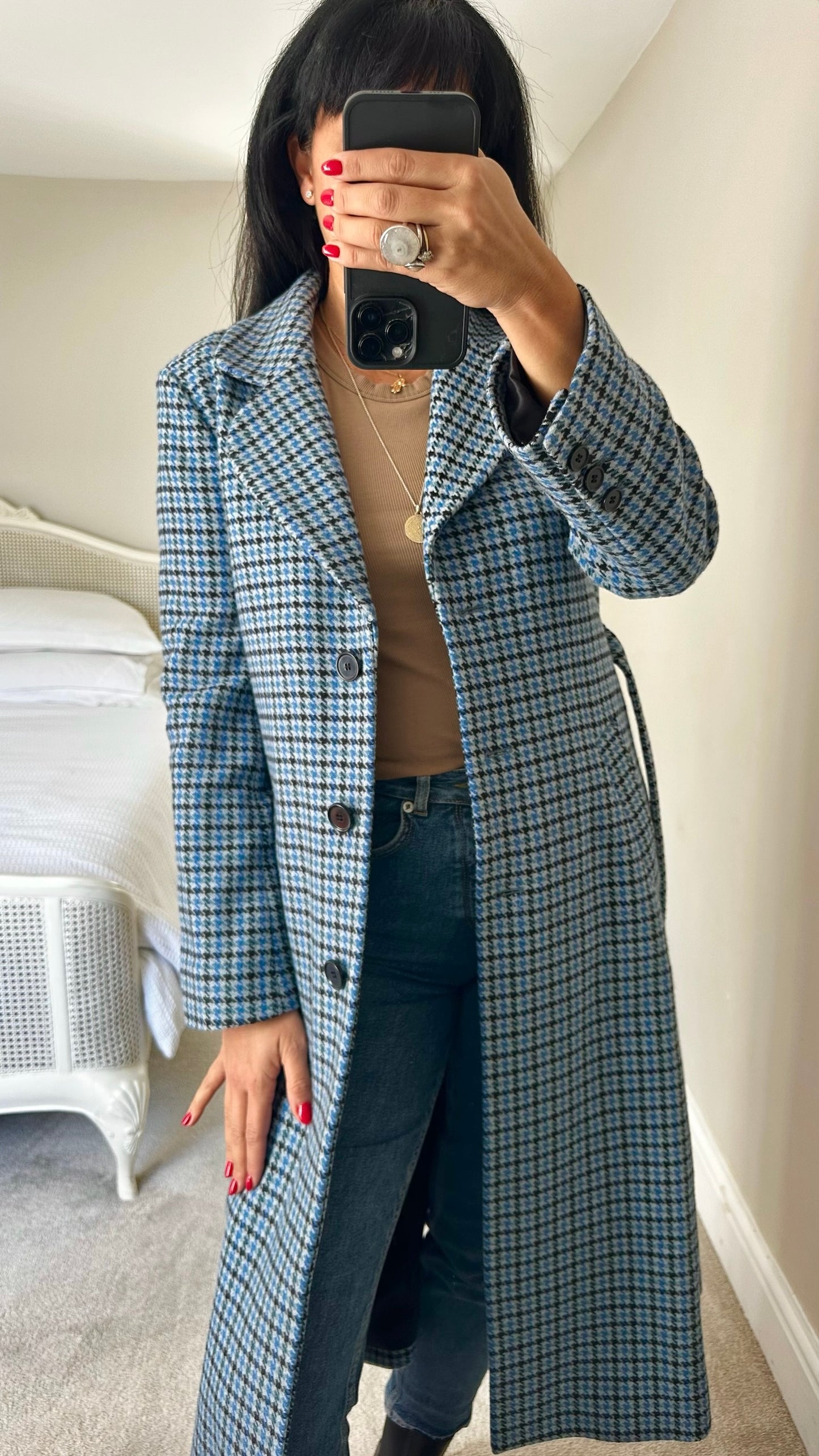 & Other stories light blue gingham check wool blend trench mac style longline coat small S UK 8 excellent used condition