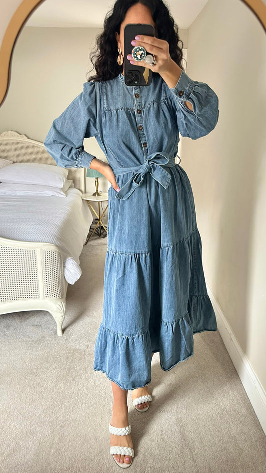 FRNCH blue navy denim button up midi maxi dress medium UK 10 vgc casual