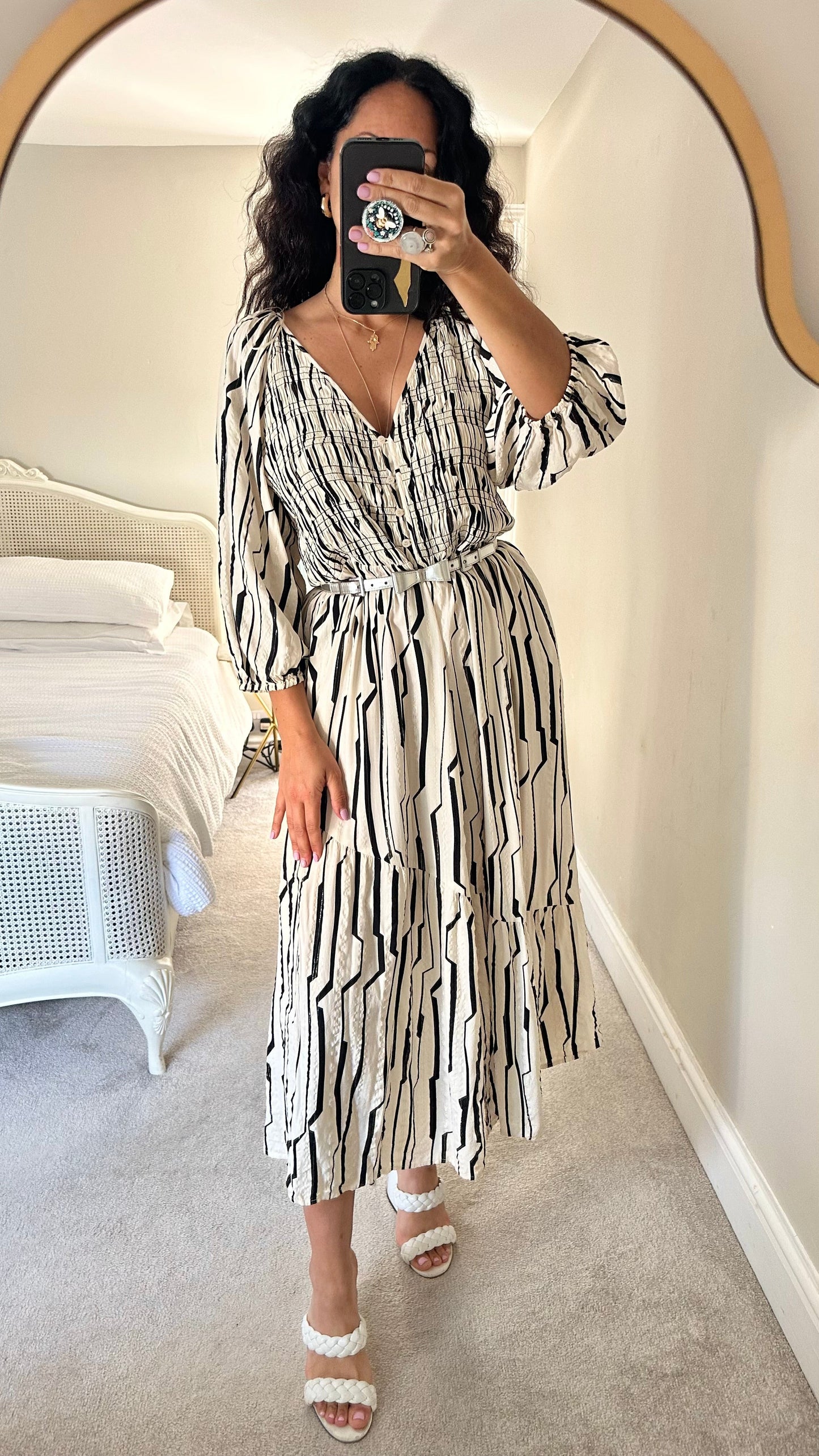 Oliver Bonas black cream stripe patterned midi long dress small medium UK 10 14 vgc