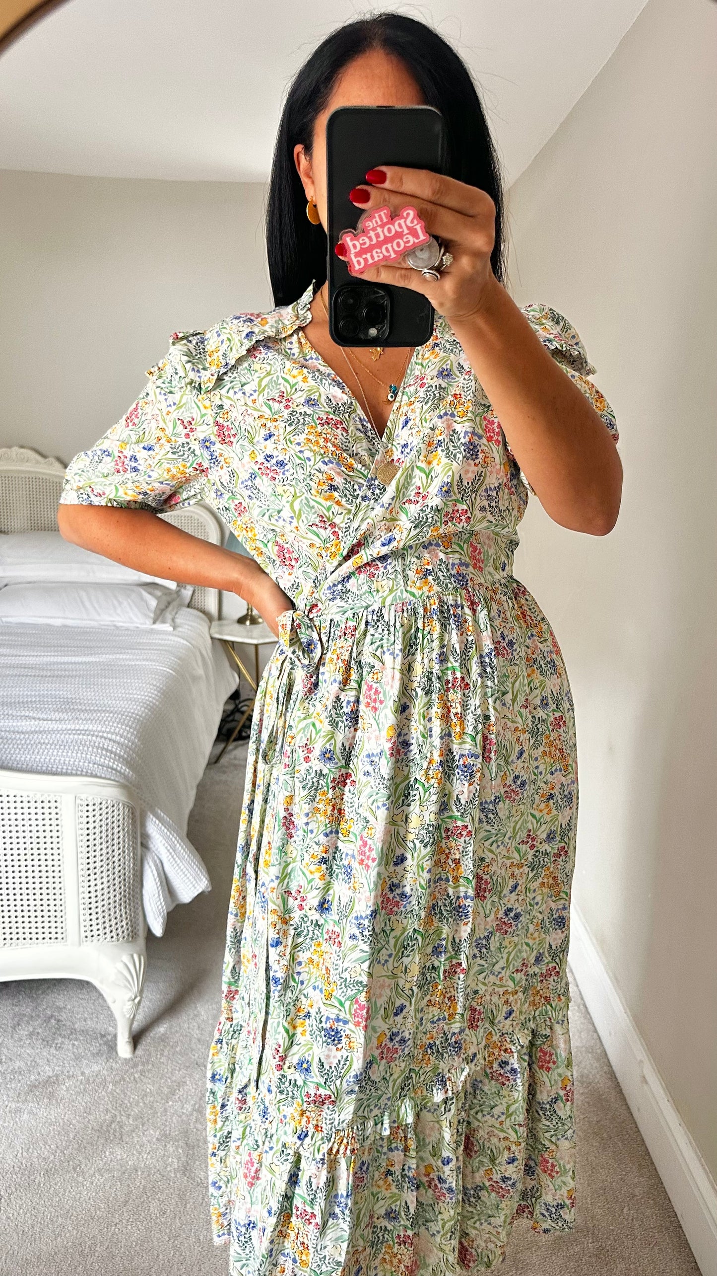 Albaray white blue green floral wrap midi dress medium UK 14 event