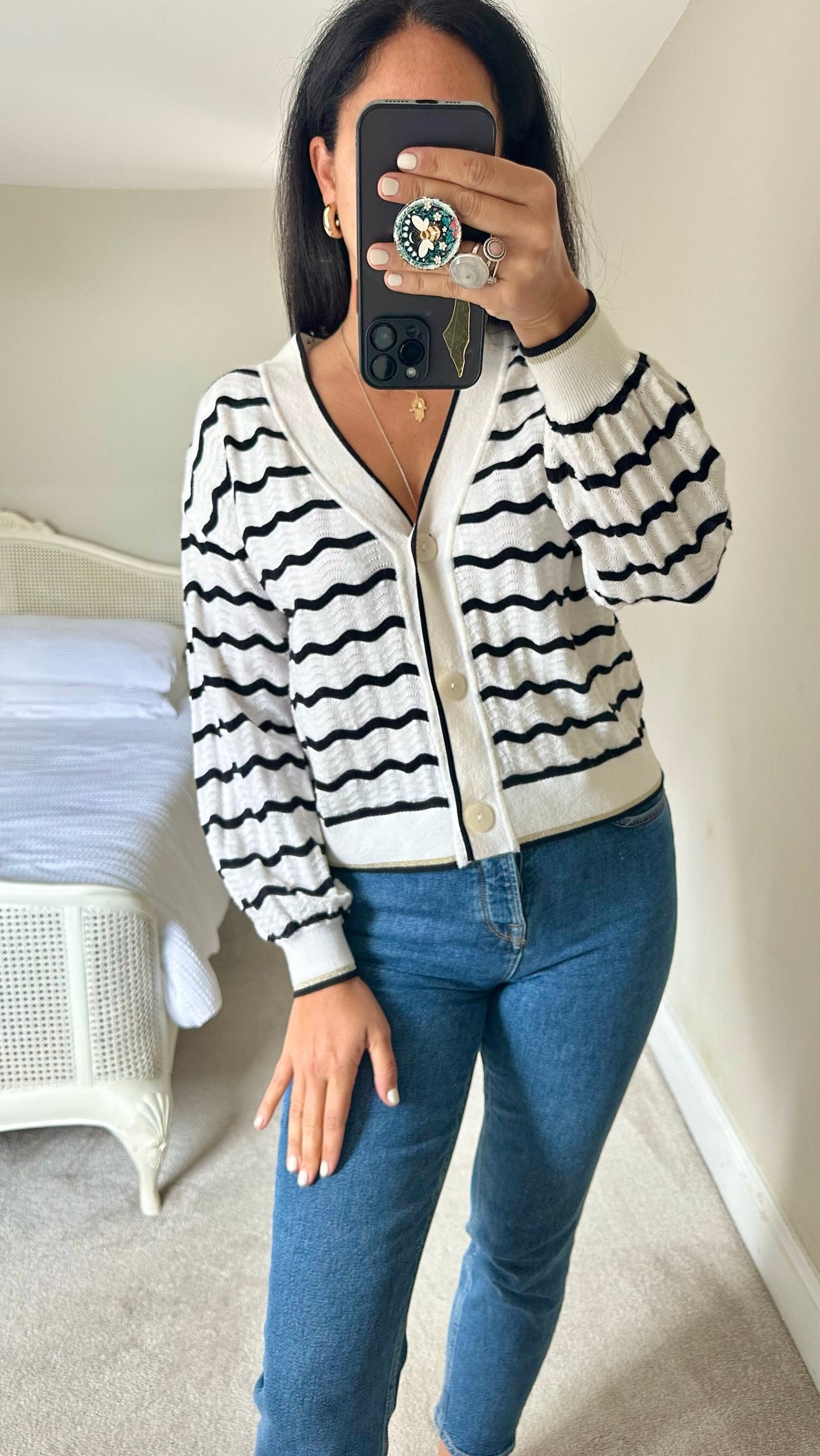 Oliver Bonas white black wave stripe cardigan small UK 8 vgc