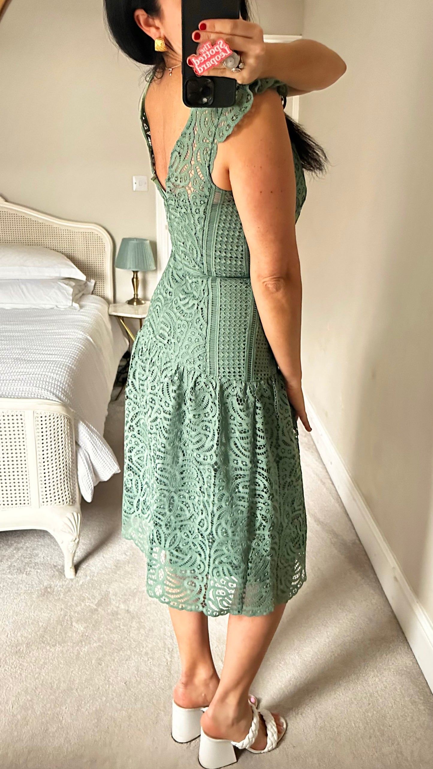 Reiss teal green wedding guest event races lace midi dress small UK 10 vgc