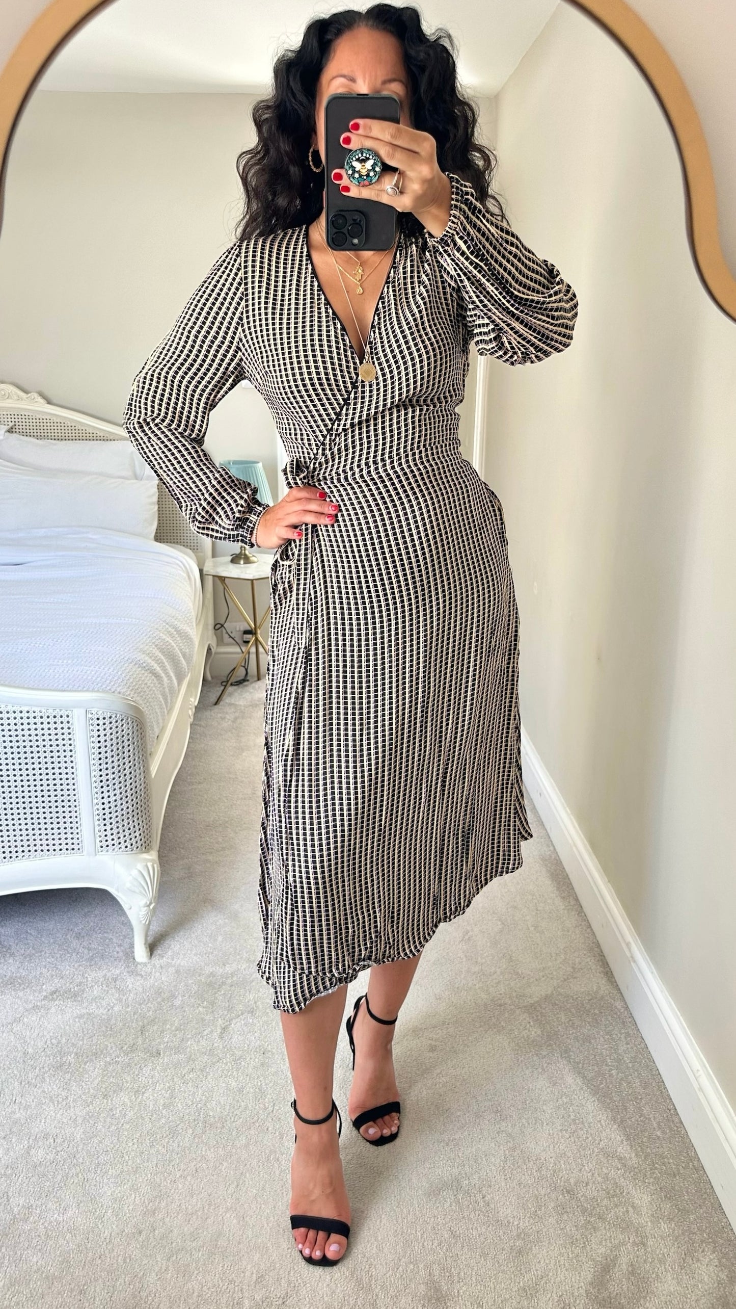 Second Female black and white check stripe office wrap midi dress small S UK 8 10